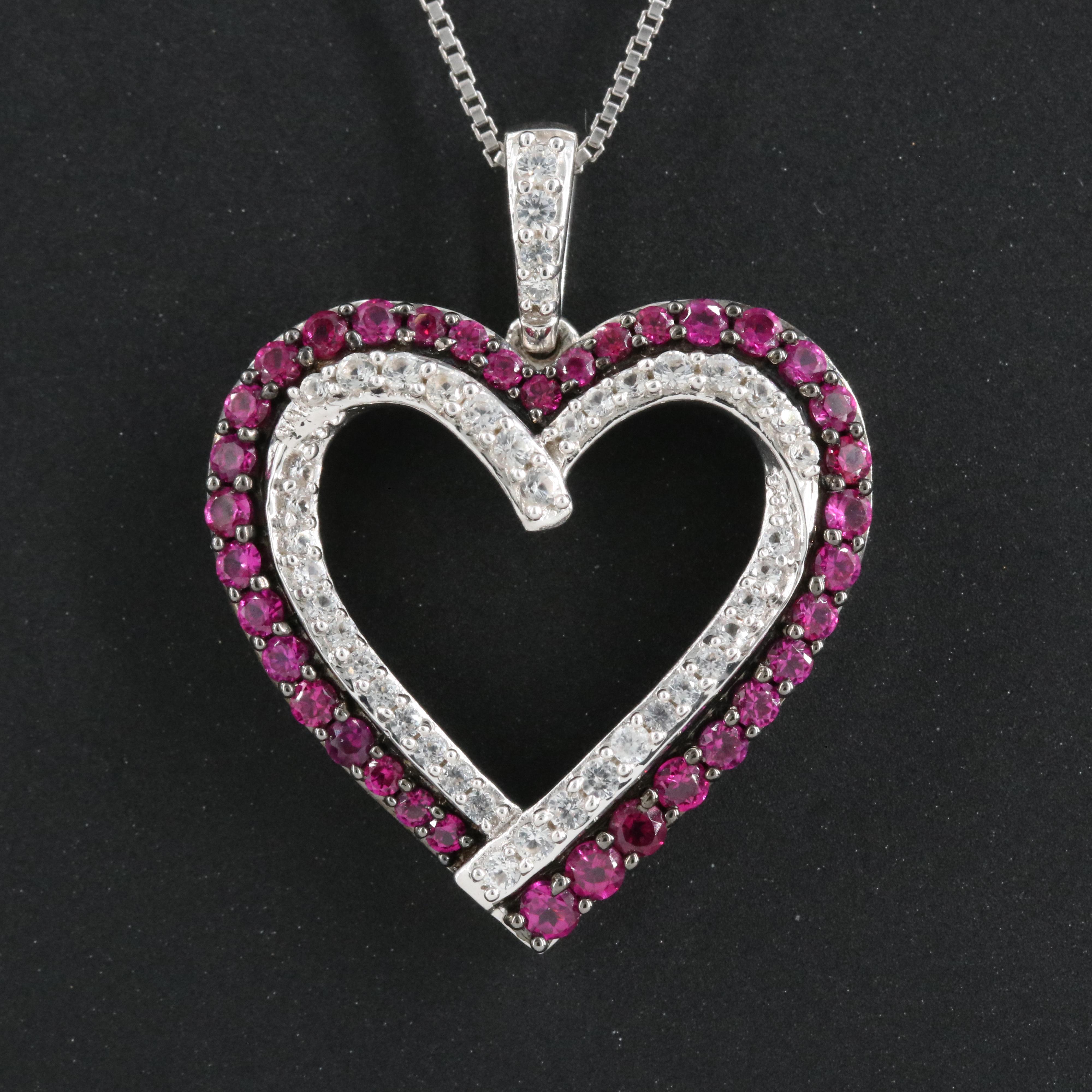 Sterling Ruby and Sapphire Heart Pendant Necklace