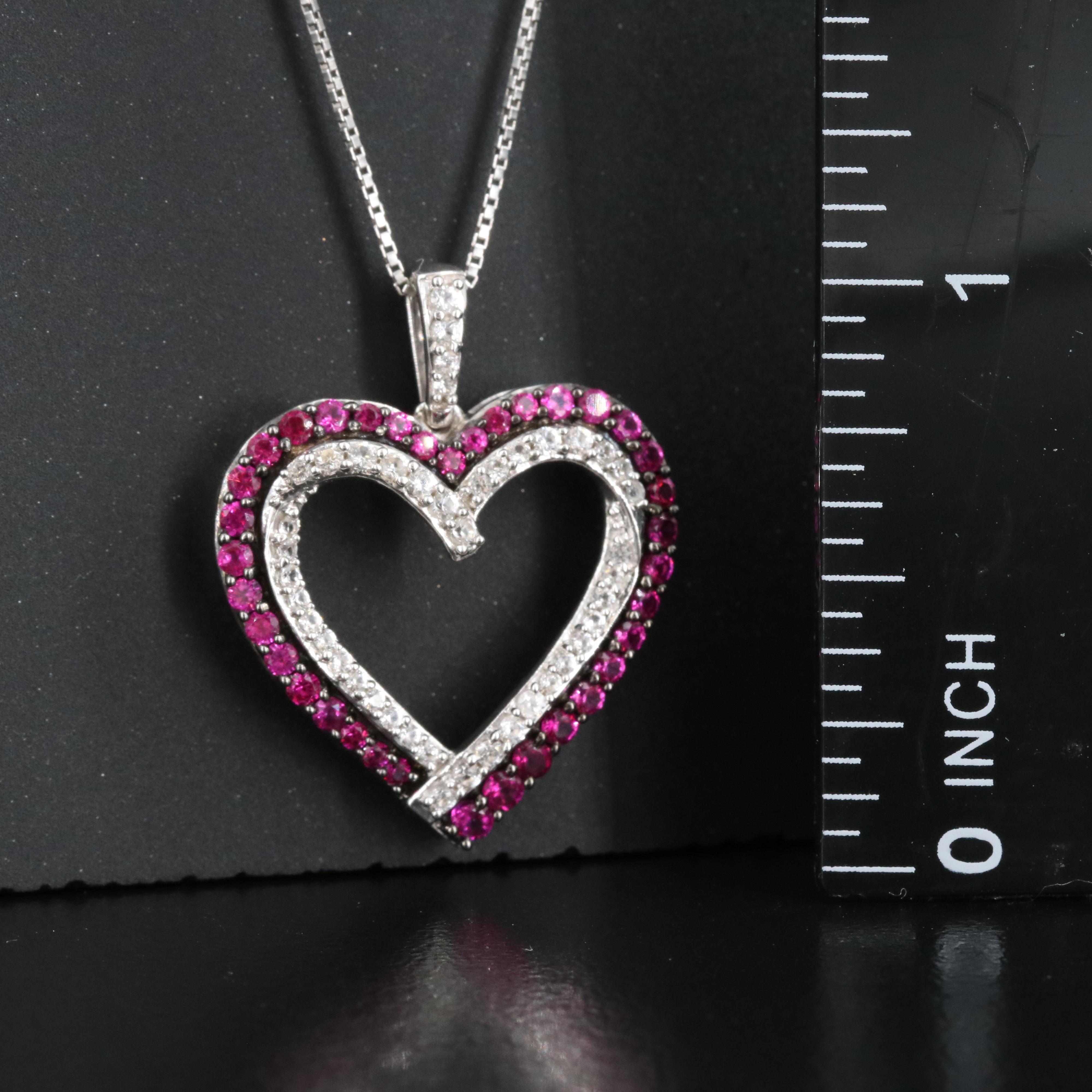 Sterling Ruby and Sapphire Heart Pendant Necklace