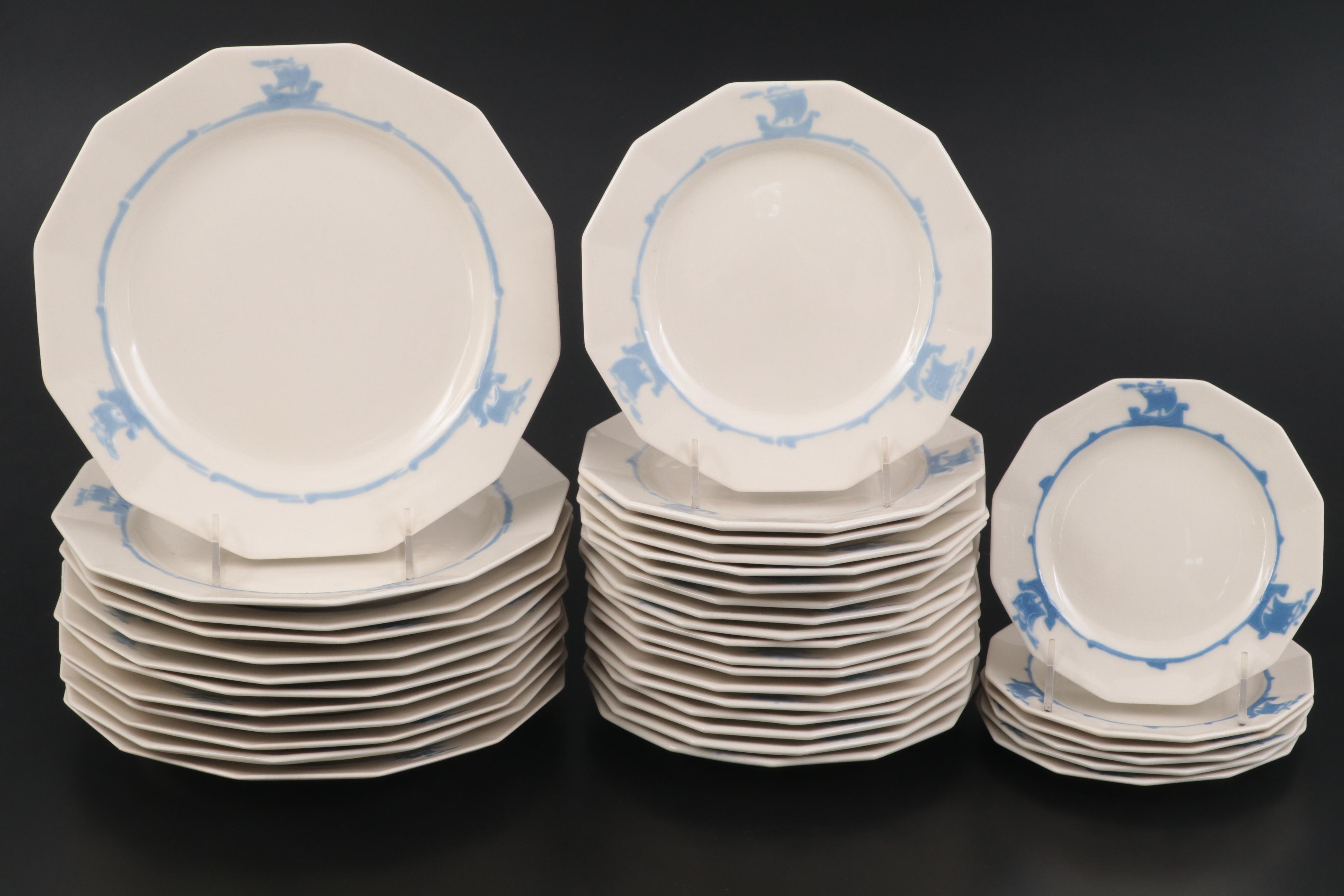 Rookwood Pottery Blue Ship Motif Ceramic Dinnerware, 1920s
