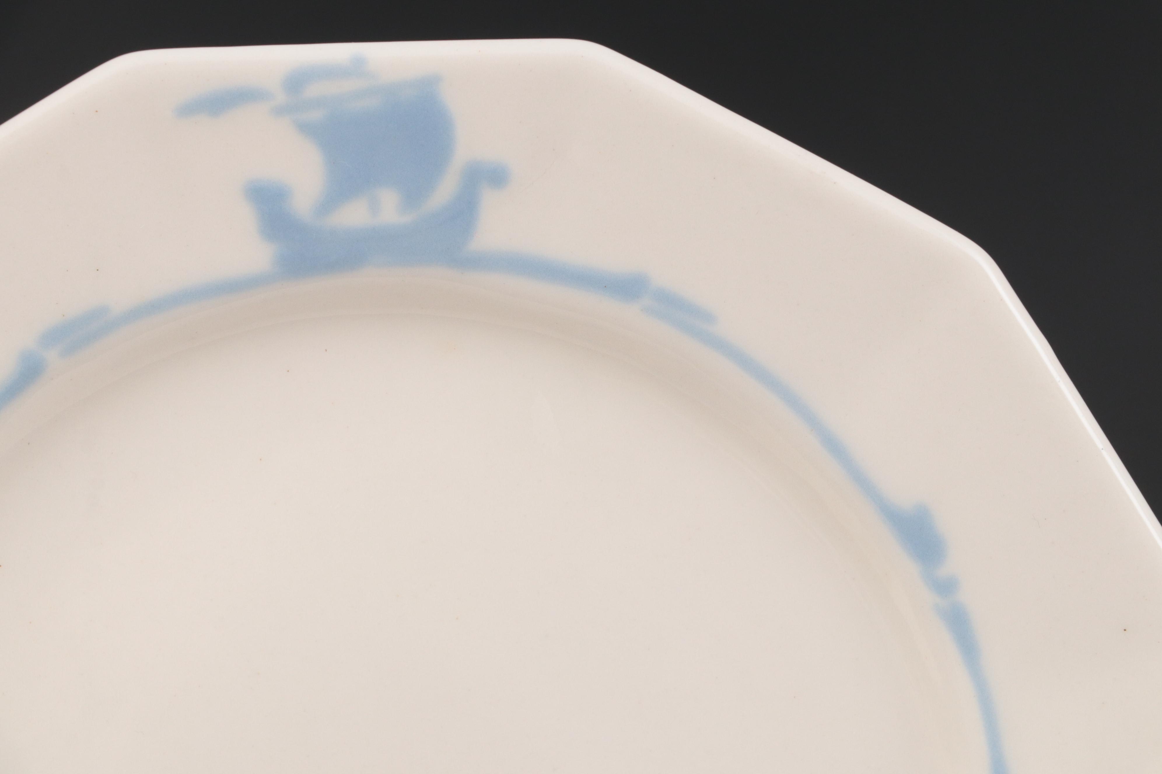 Rookwood Pottery Blue Ship Motif Ceramic Dinnerware, 1920s