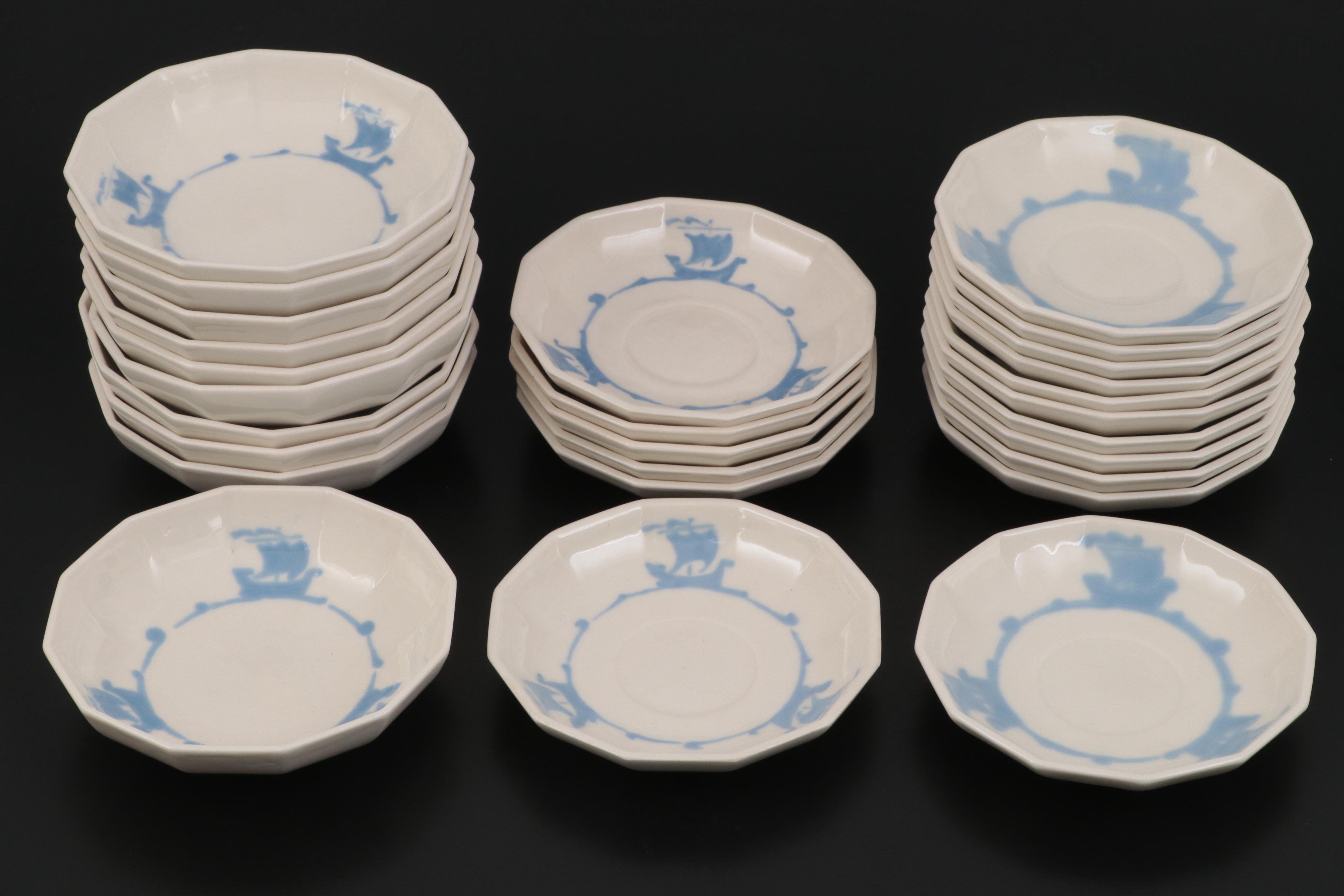 Rookwood Pottery Blue Ship Motif Ceramic Dinnerware, 1920s