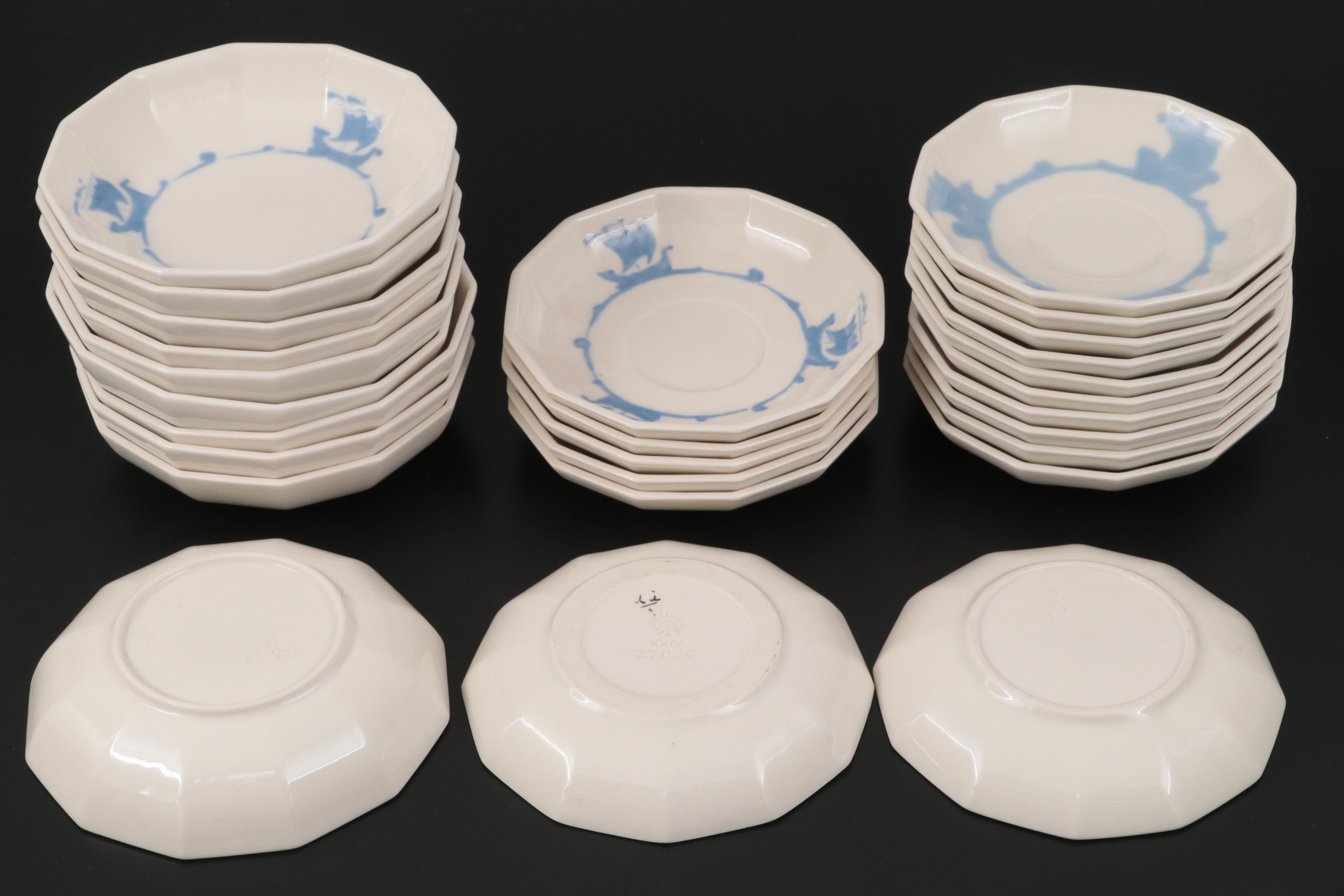 Rookwood Pottery Blue Ship Motif Ceramic Dinnerware, 1920s