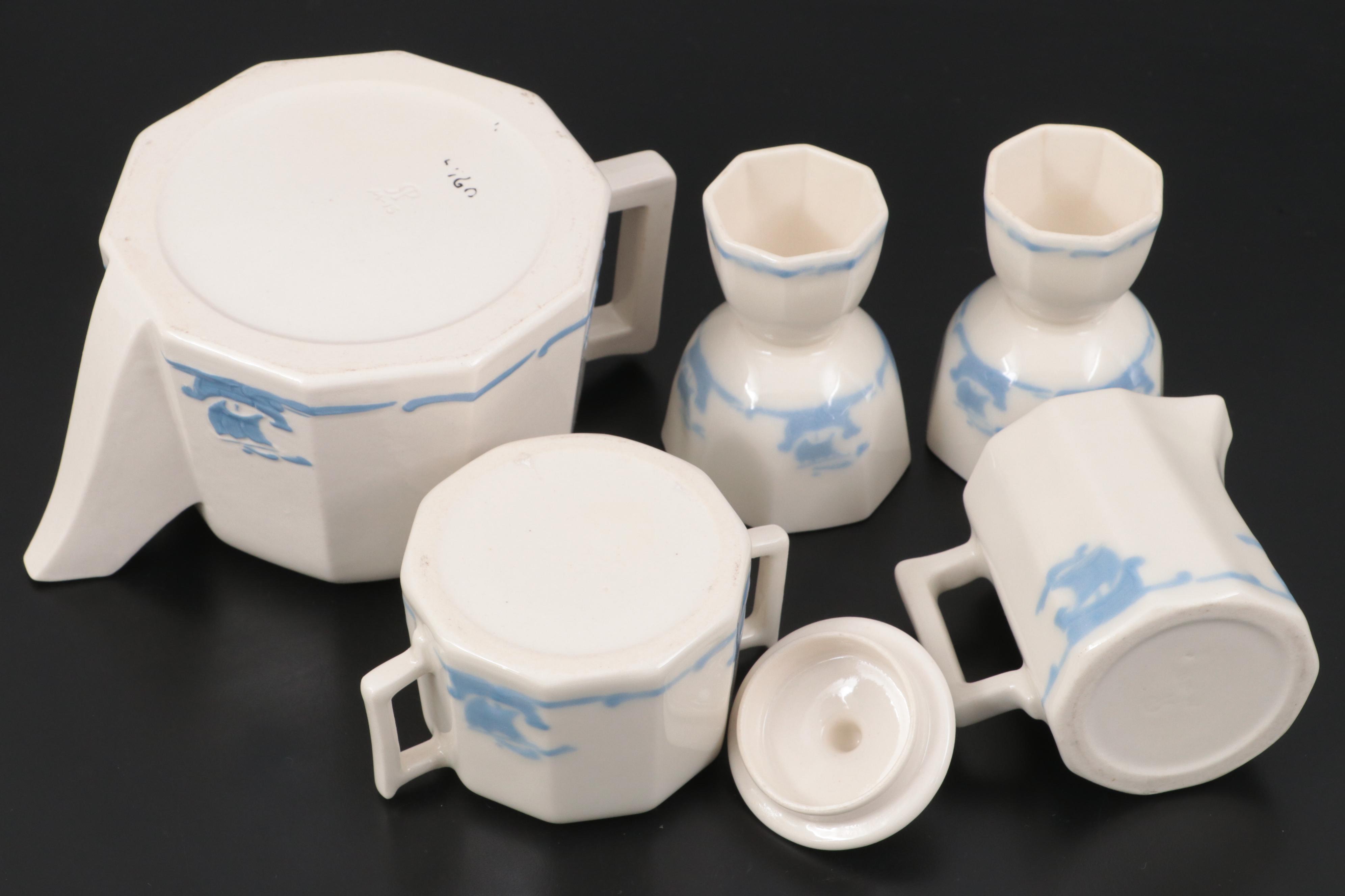 Rookwood Pottery Blue Ship Motif Ceramic Dinnerware, 1920s