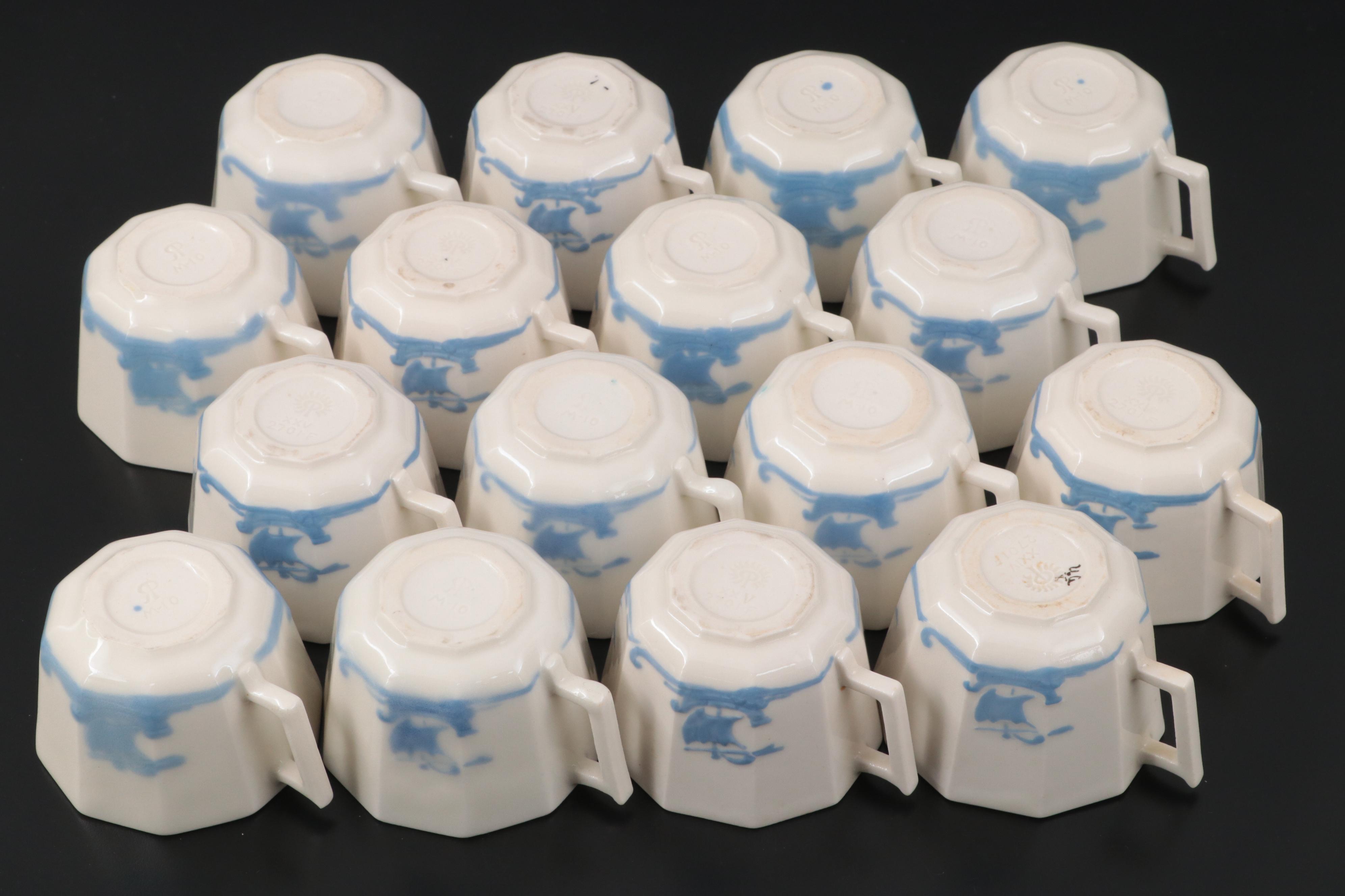 Rookwood Pottery Blue Ship Motif Ceramic Dinnerware, 1920s