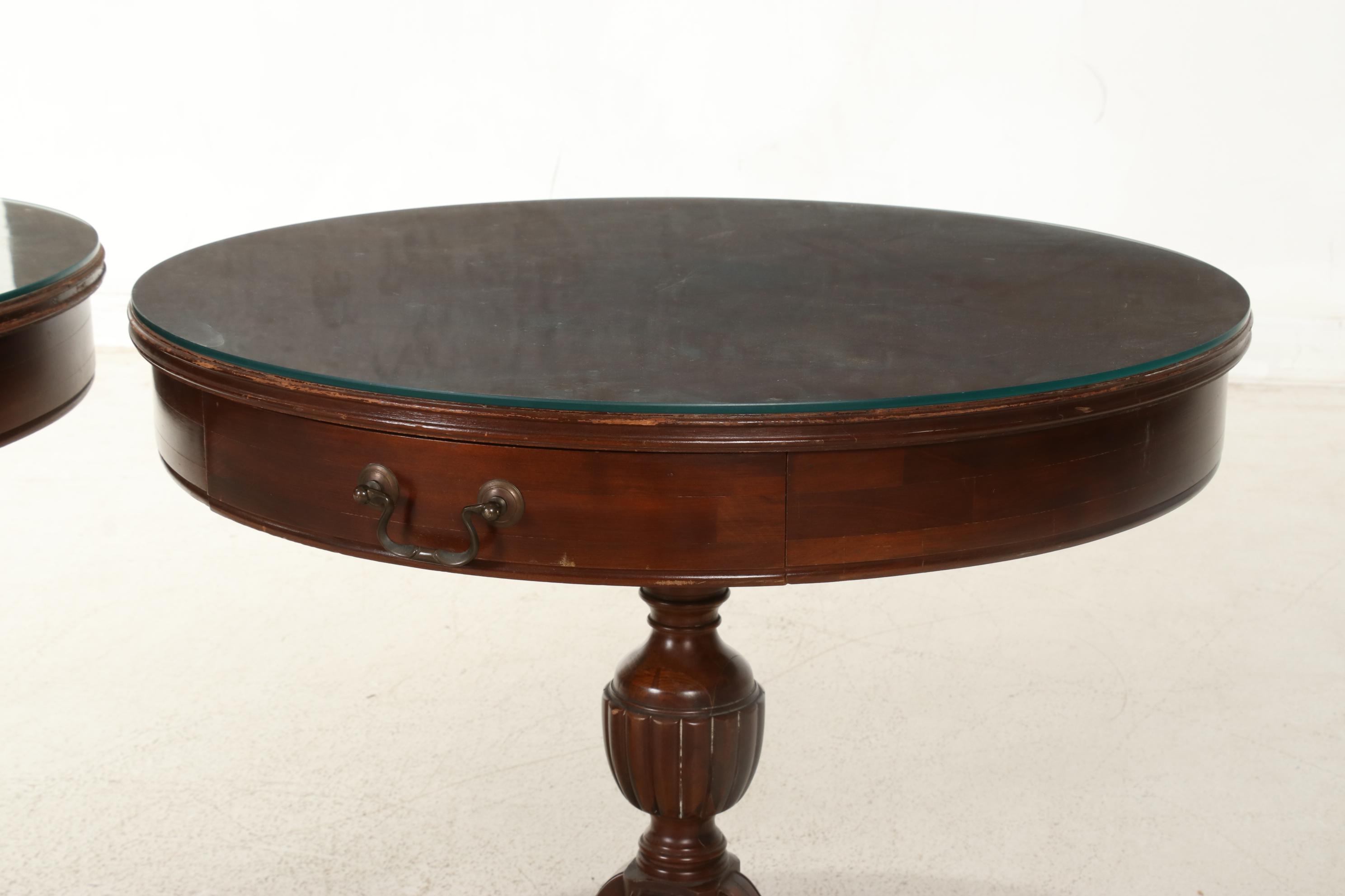 Pair of Regency Style Mahogany Drum Tables with Glass Tops, Mid to Late 20th C