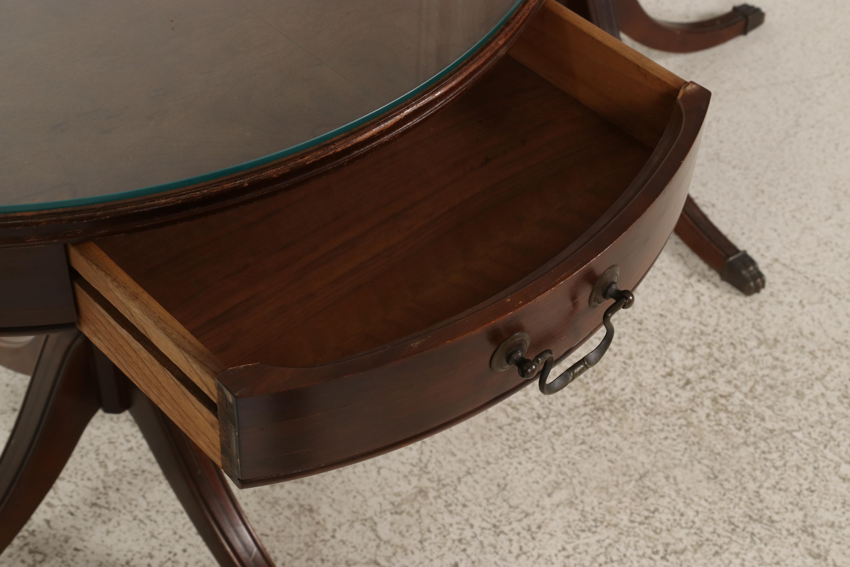 Pair of Regency Style Mahogany Drum Tables with Glass Tops, Mid to Late 20th C