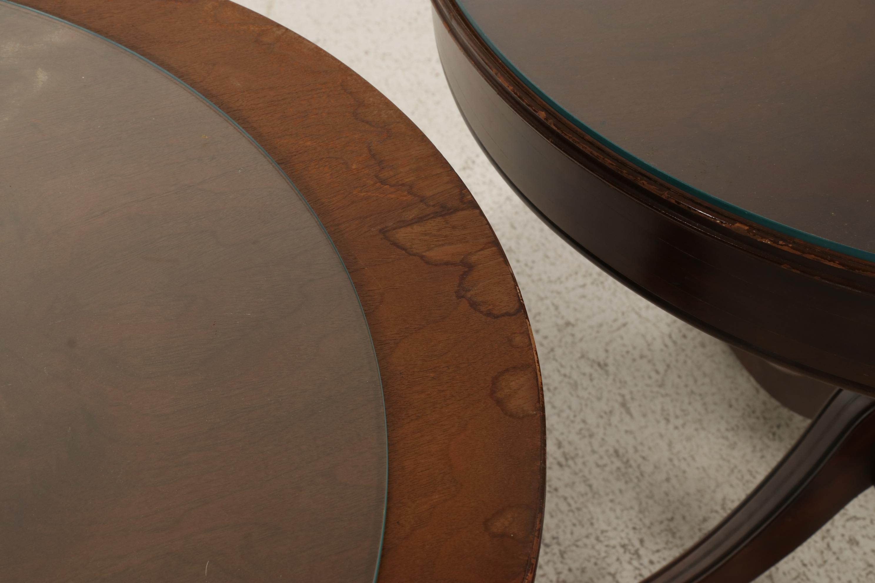 Pair of Regency Style Mahogany Drum Tables with Glass Tops, Mid to Late 20th C