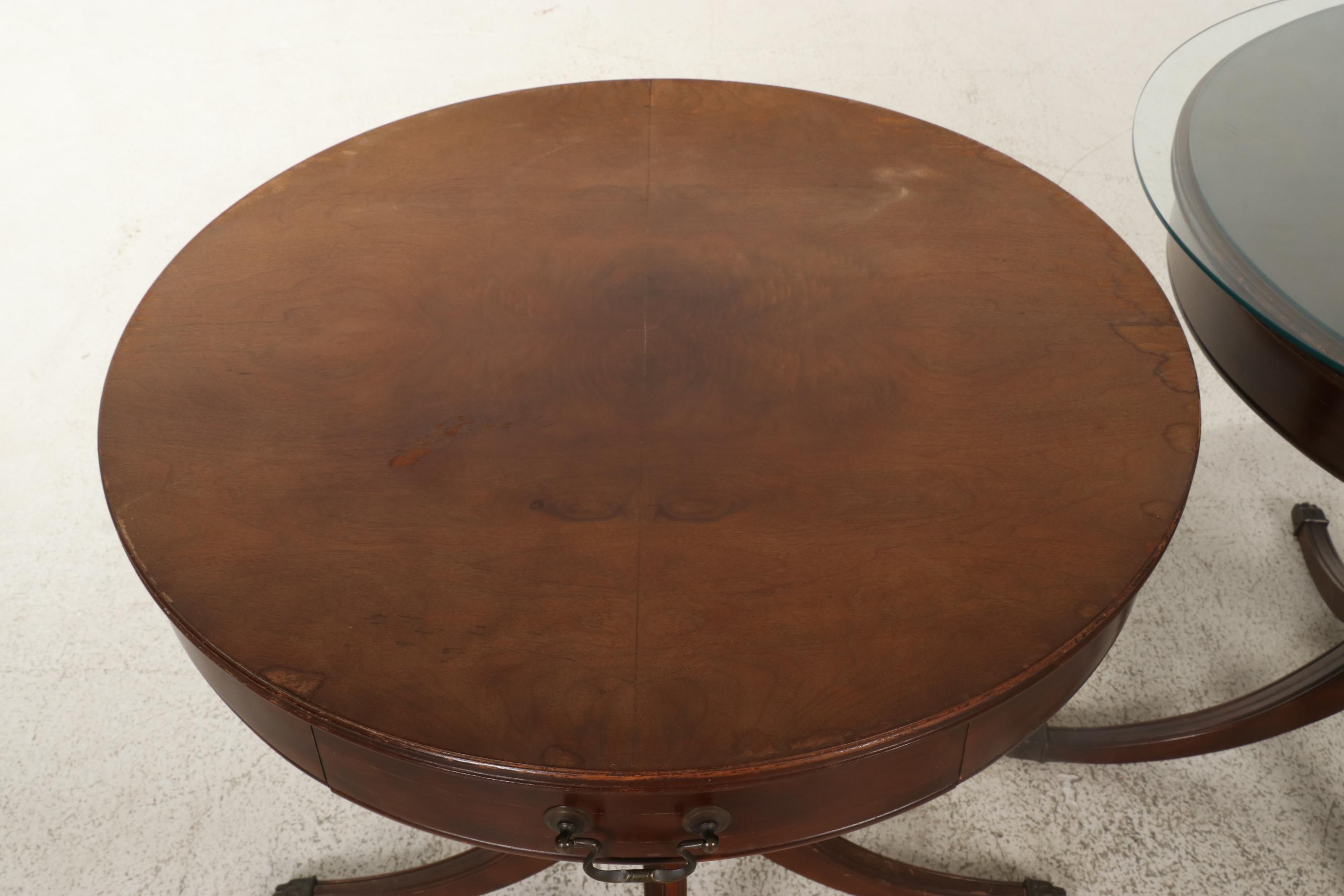 Pair of Regency Style Mahogany Drum Tables with Glass Tops, Mid to Late 20th C