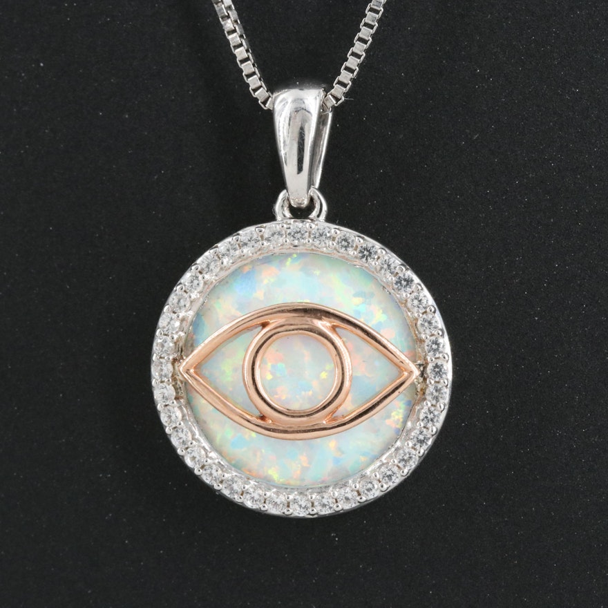 Sterling Opal and Sapphire Evil Eye Pendant Necklace with 10K Rose Gold Accents