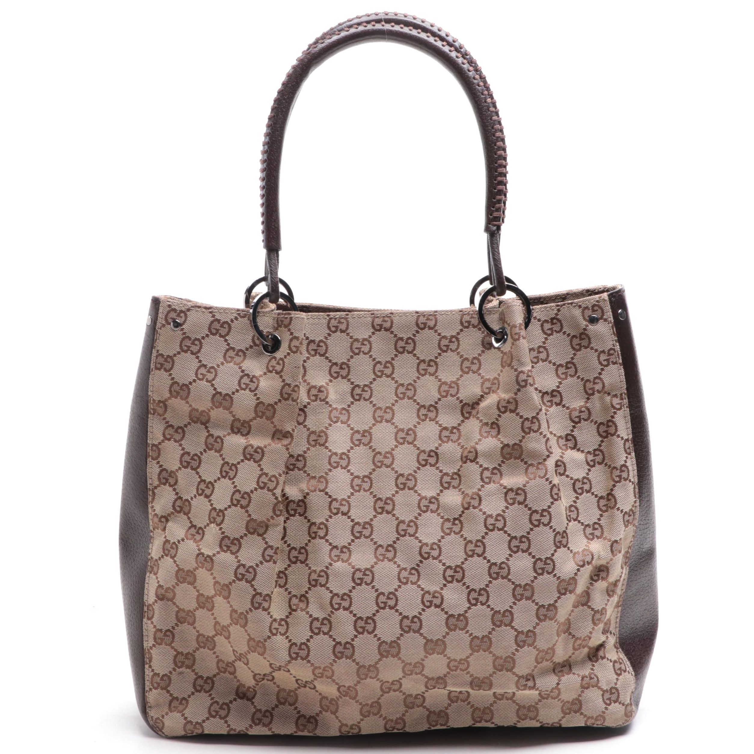 Gucci Tote Bag in GG Canvas and Brown Cinghiale Leather