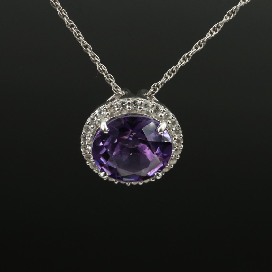 Sterling Amethyst and Sapphire Halo Pendant Necklace