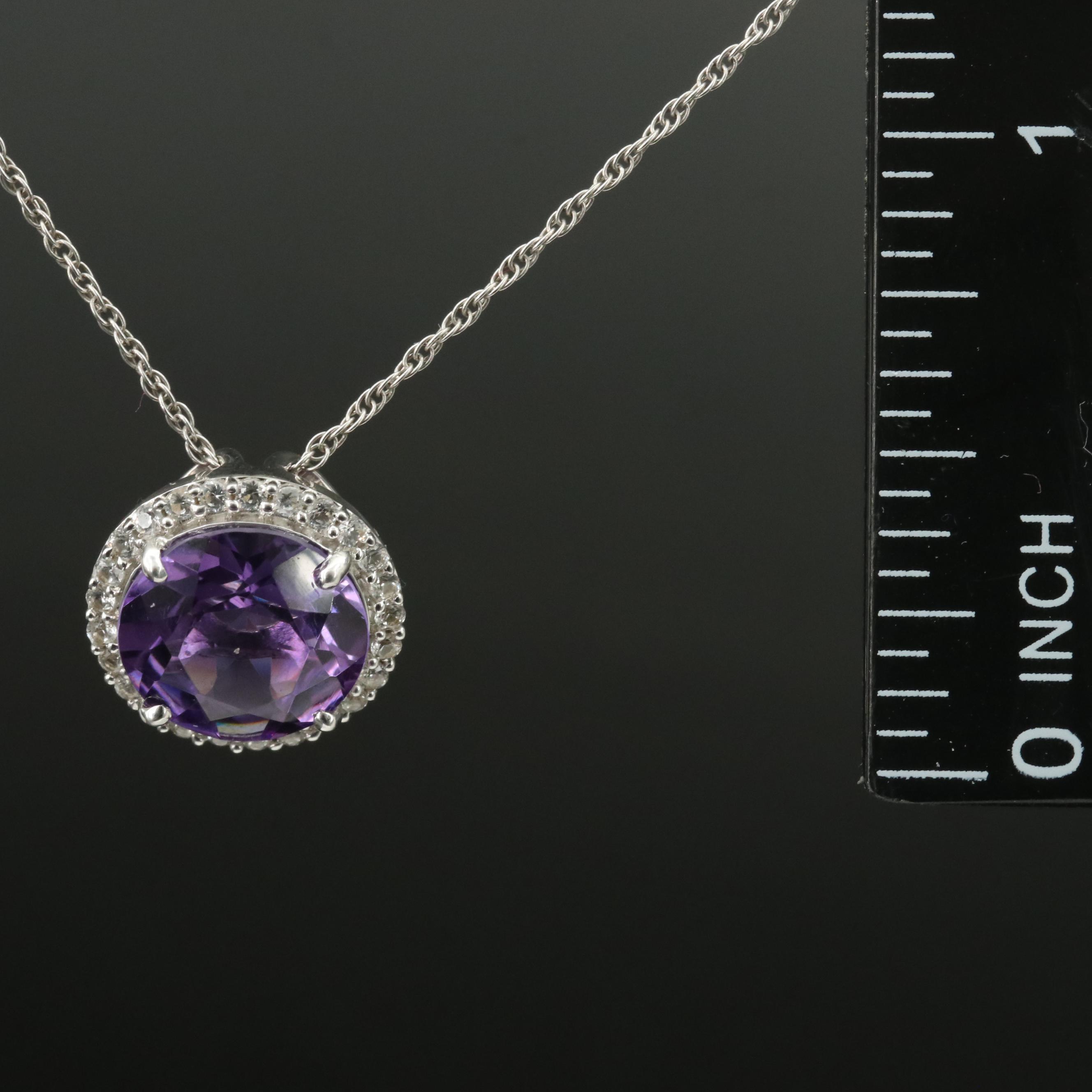 Sterling Amethyst and Sapphire Halo Pendant Necklace