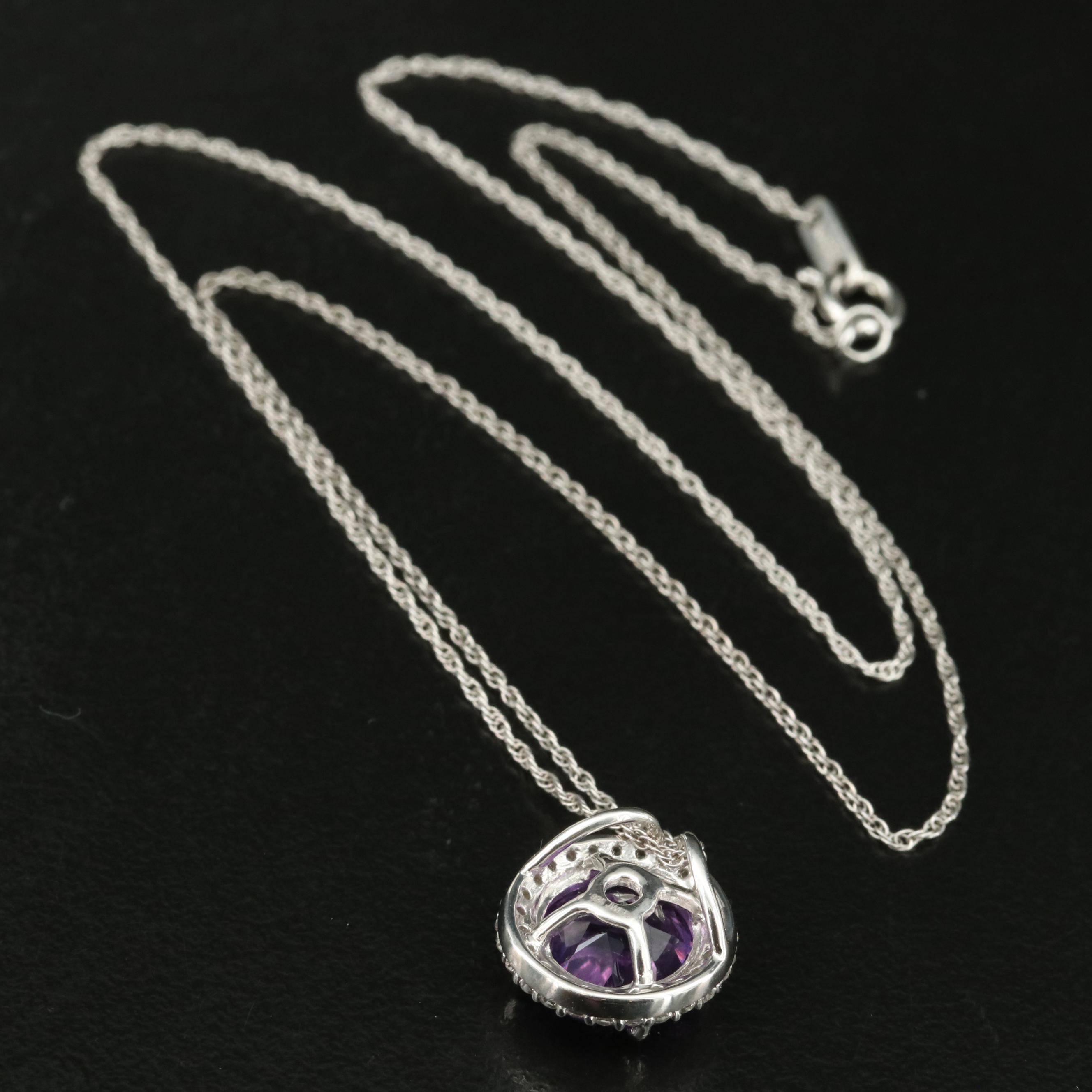 Sterling Amethyst and Sapphire Halo Pendant Necklace