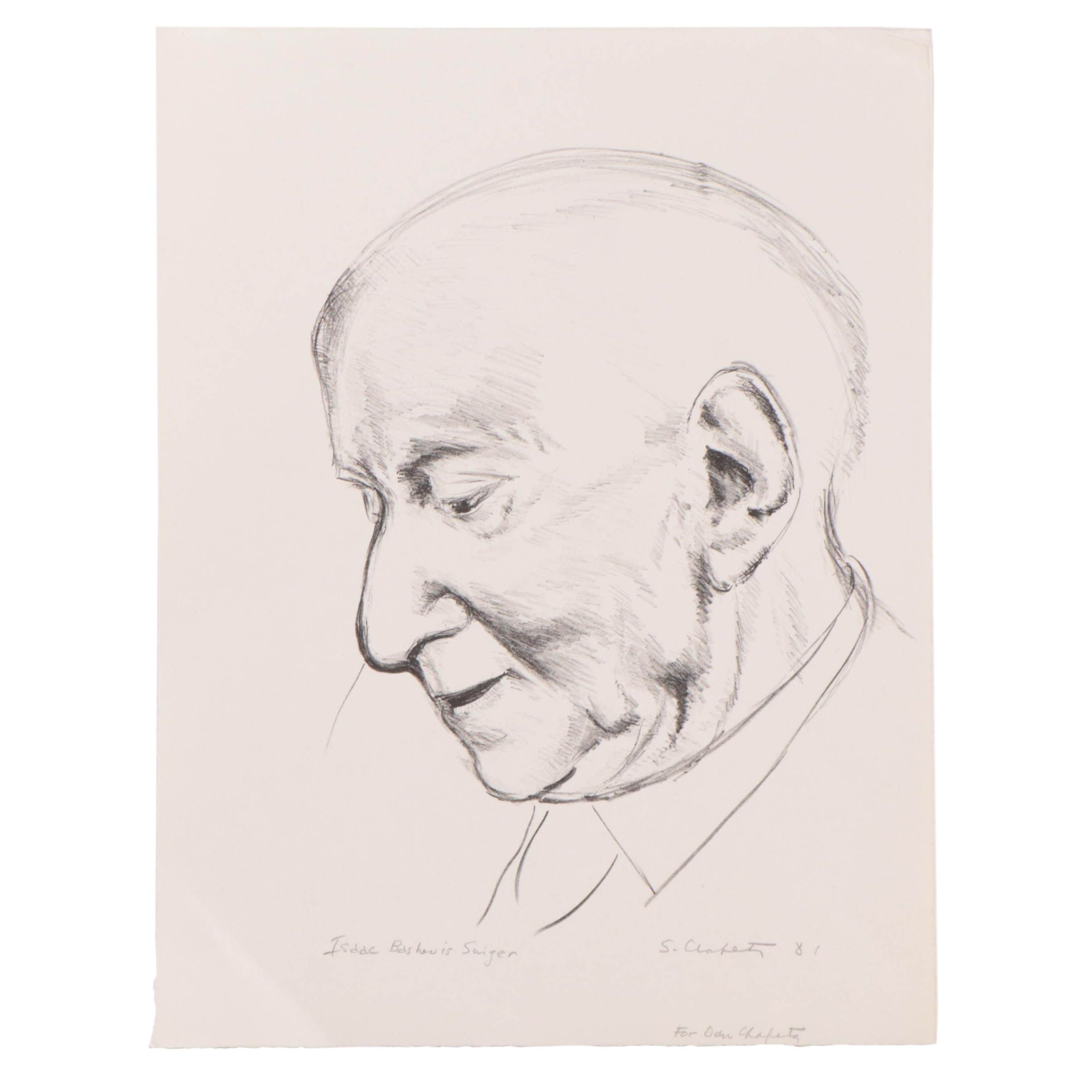 Sidney Chafetz Portrait Lithograph "Isaac Bashevis Singer," 1981