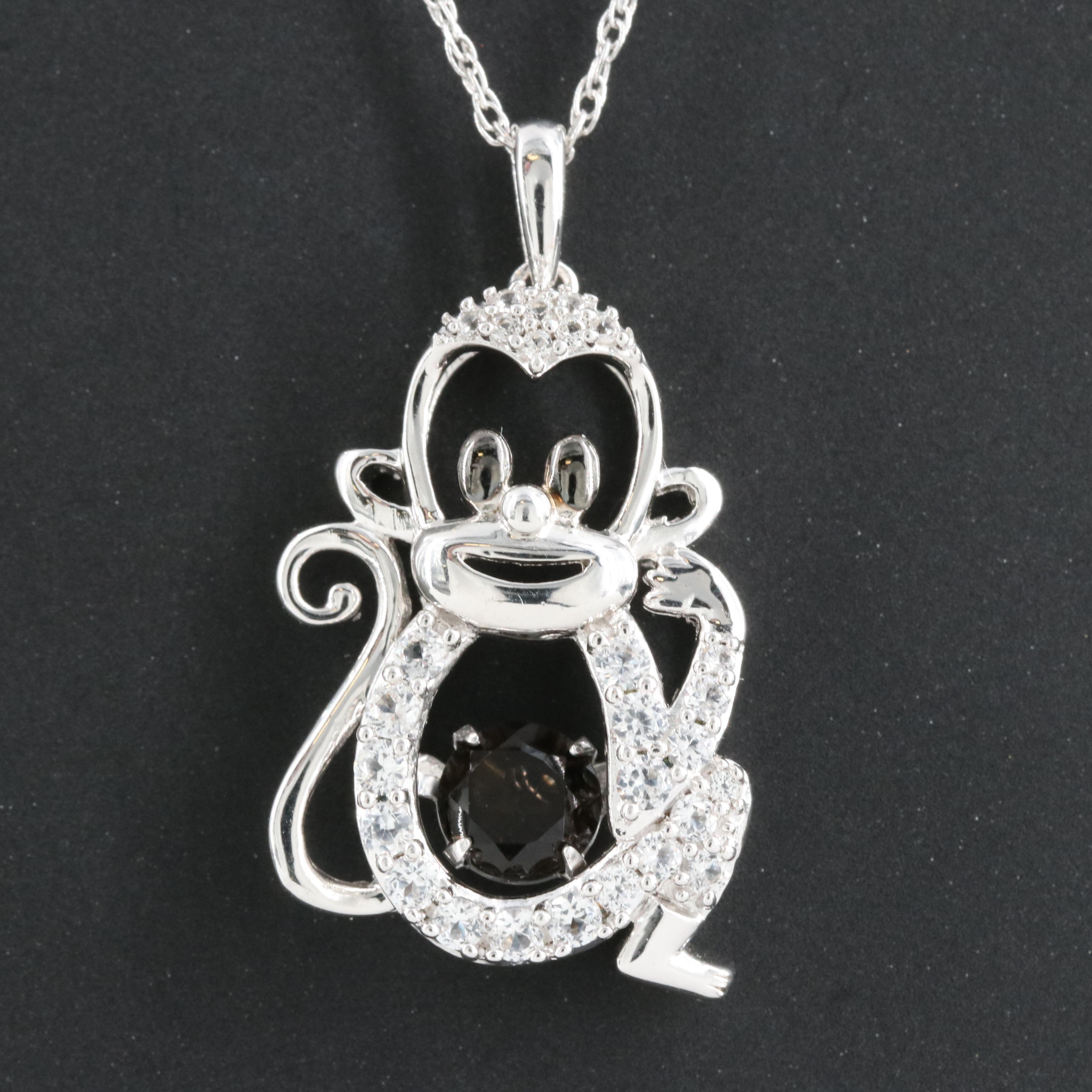 Sterling Smoky Quartz and Sapphire Monkey Tremble Pendant Necklace
