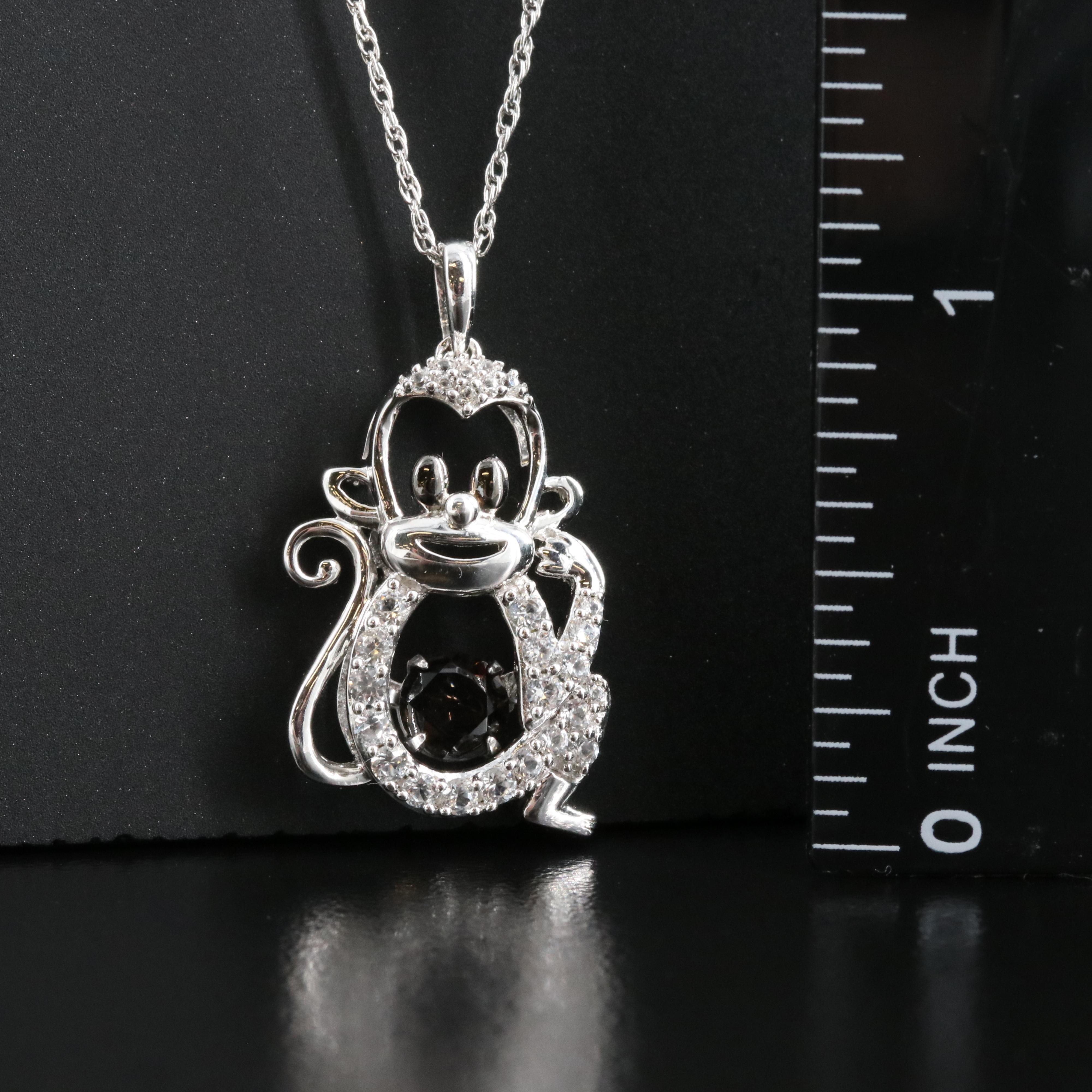 Sterling Smoky Quartz and Sapphire Monkey Tremble Pendant Necklace