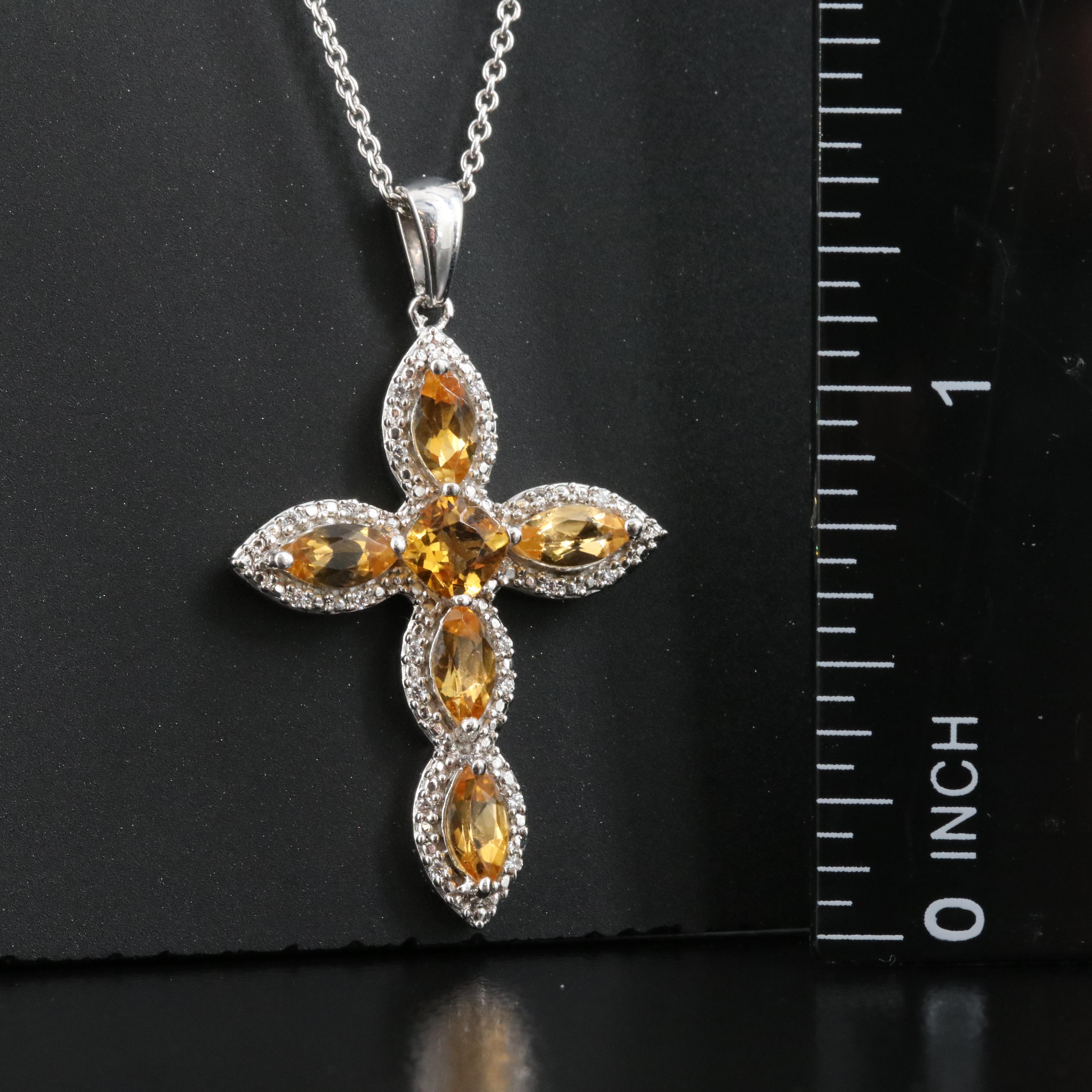 Sterling Citrine and Cubic Zirconia Cross Pendant Necklace