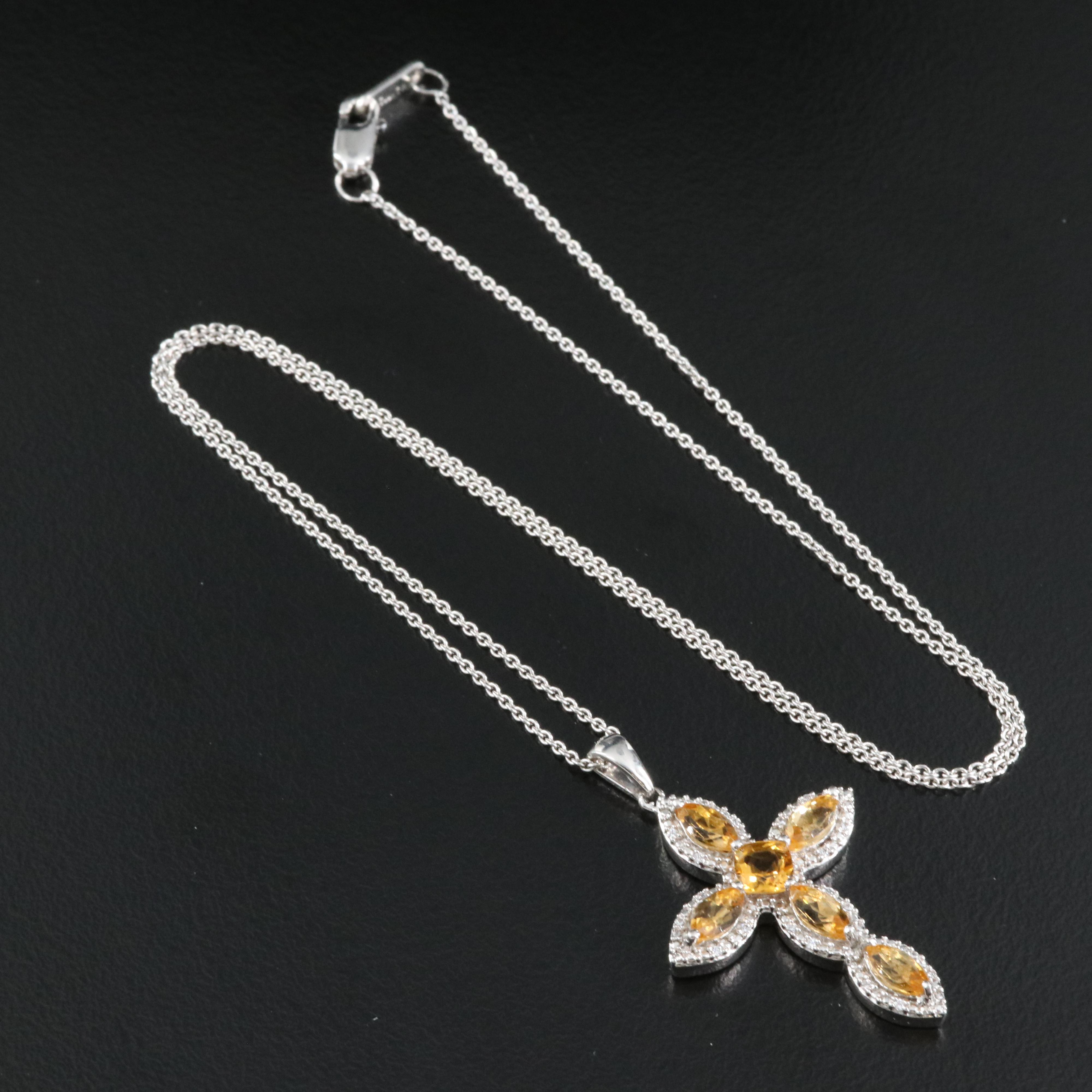 Sterling Citrine and Cubic Zirconia Cross Pendant Necklace
