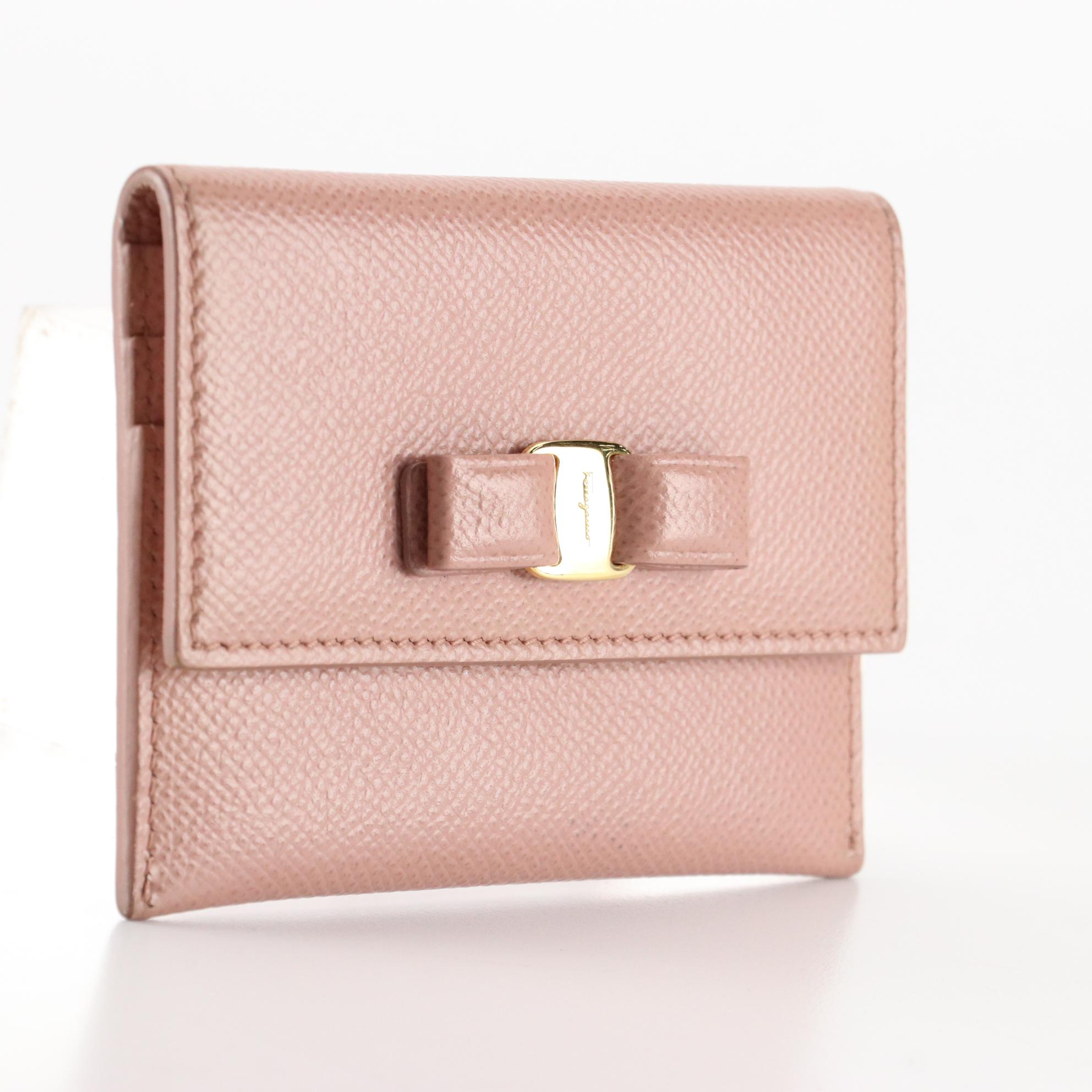 Salvatore Ferragamo Vara Bow Compact Flap Wallet in Pink Crossgrain Leather