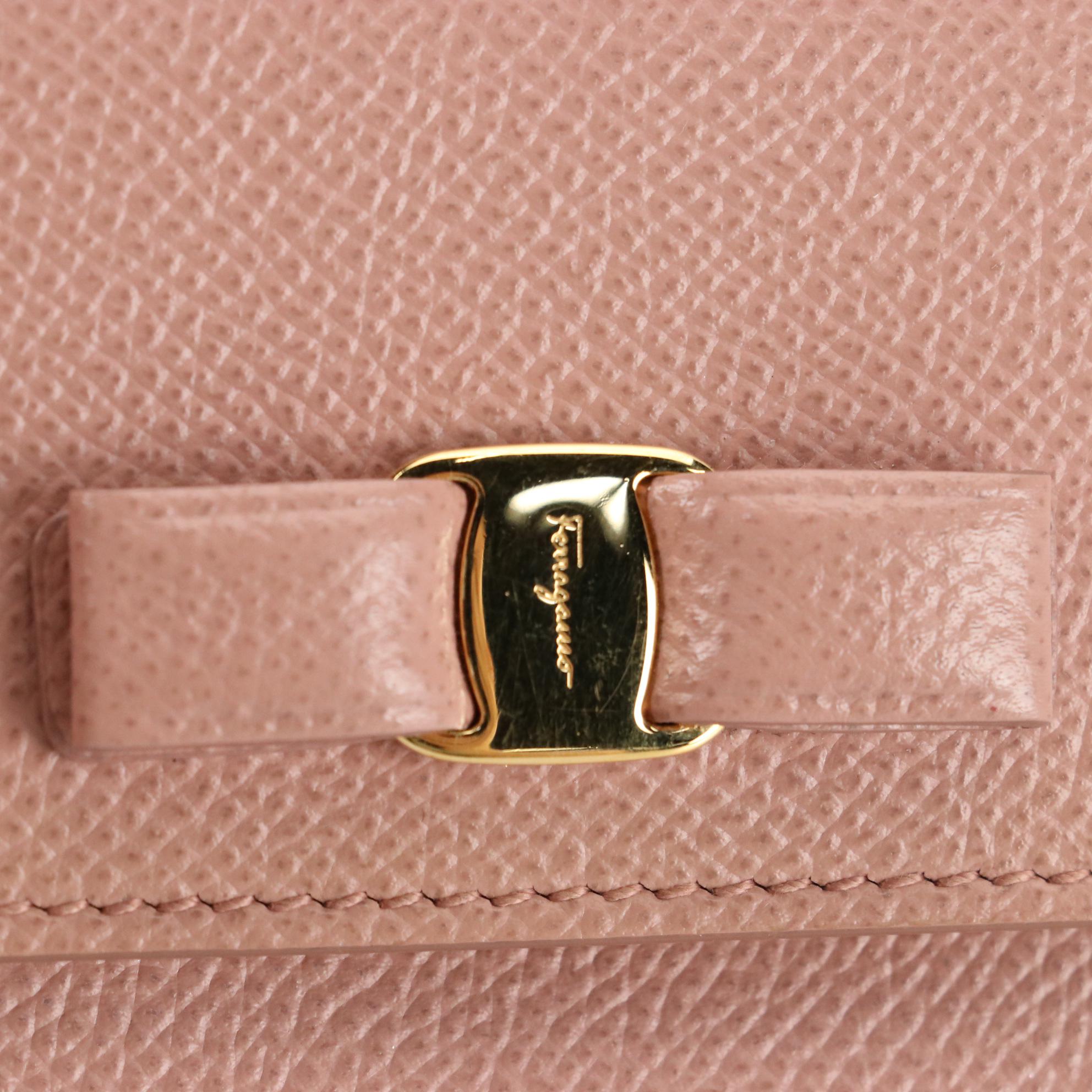 Salvatore Ferragamo Vara Bow Compact Flap Wallet in Pink Crossgrain Leather
