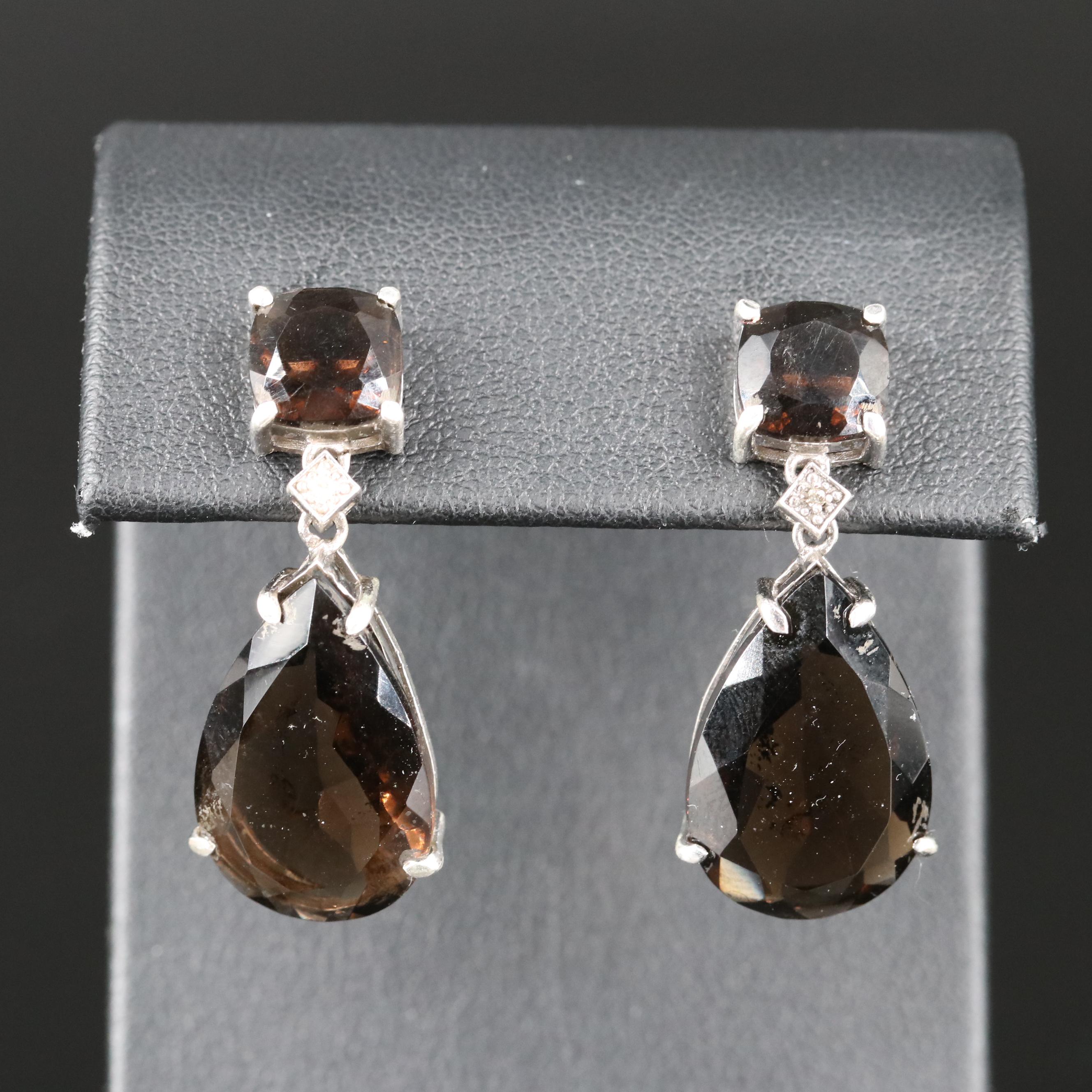 Sterling Smoky Quartz and Diamond Teardrop Earrings