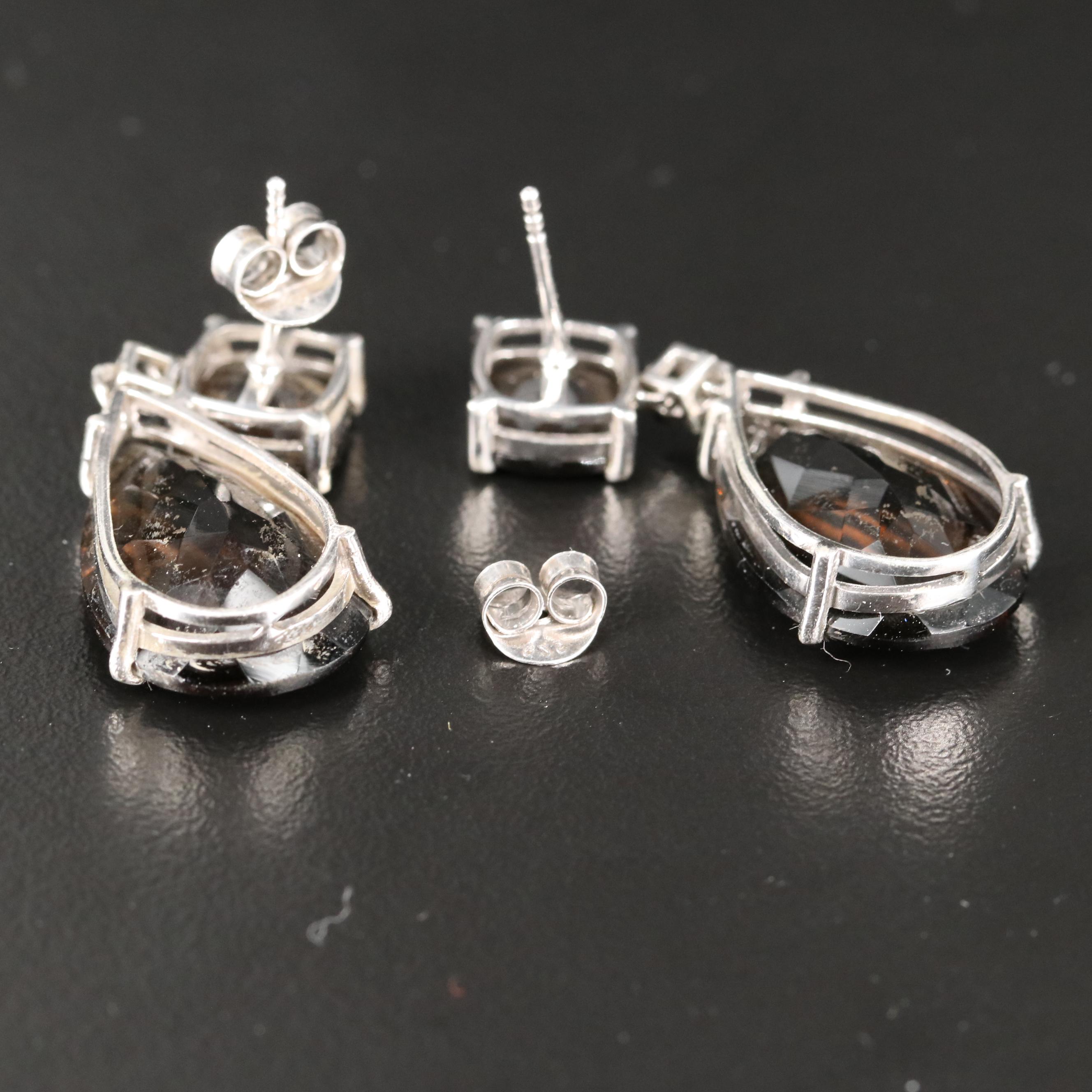 Sterling Smoky Quartz and Diamond Teardrop Earrings