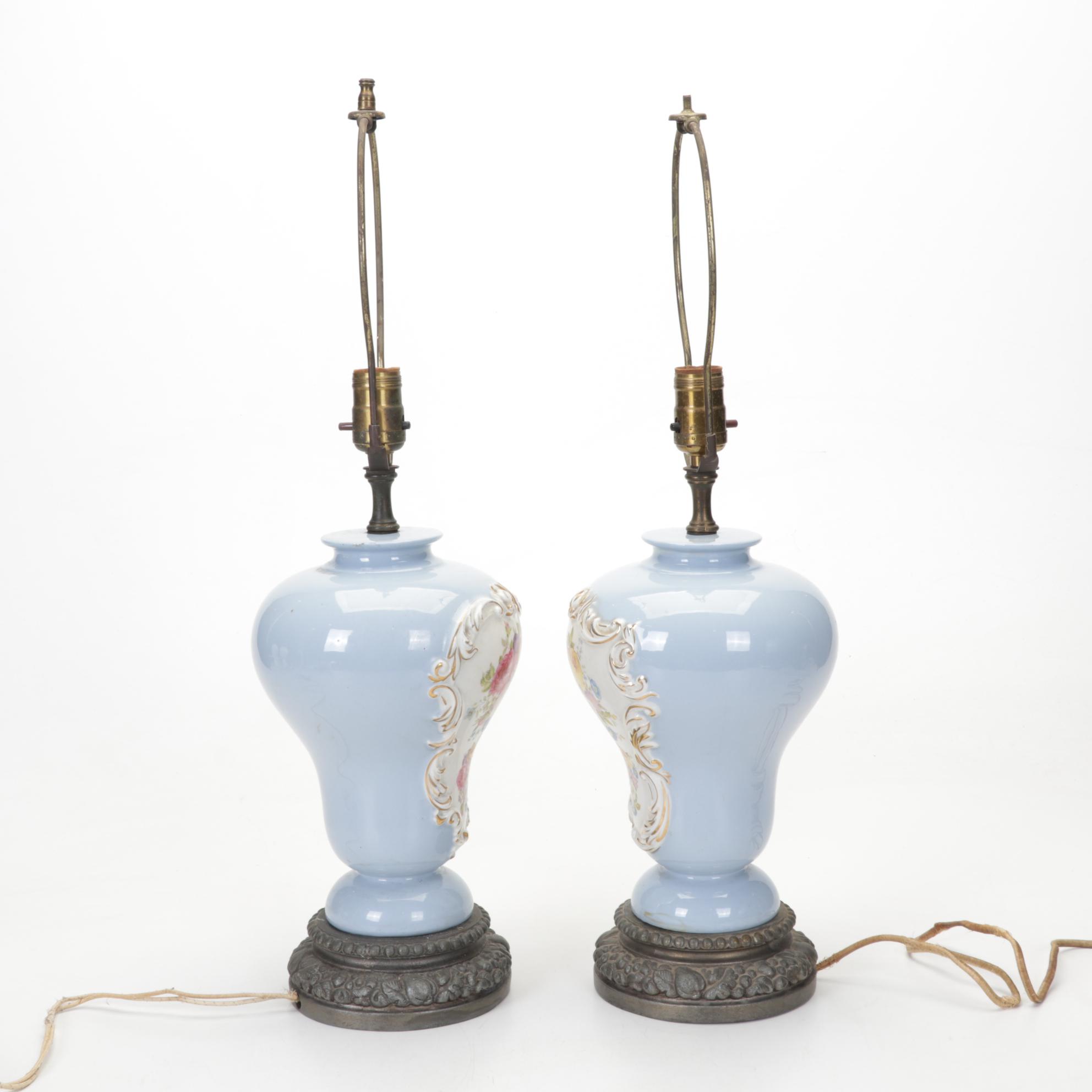 French Provincial Porcelain and Spelter Table Lamps, Early to Mid-20th Century