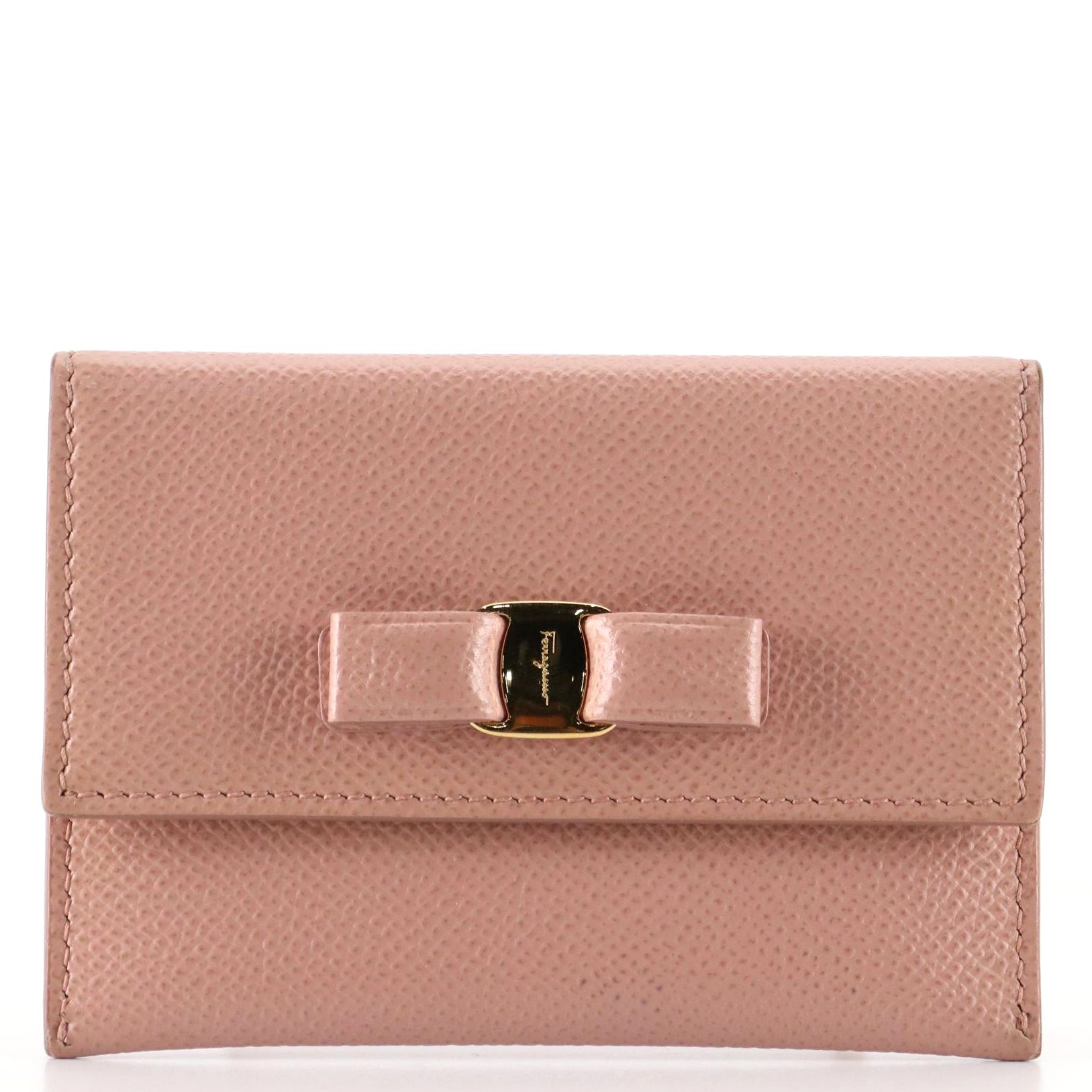Salvatore Ferragamo Vara Bow Compact Flap Wallet in Pink Crossgrain Leather