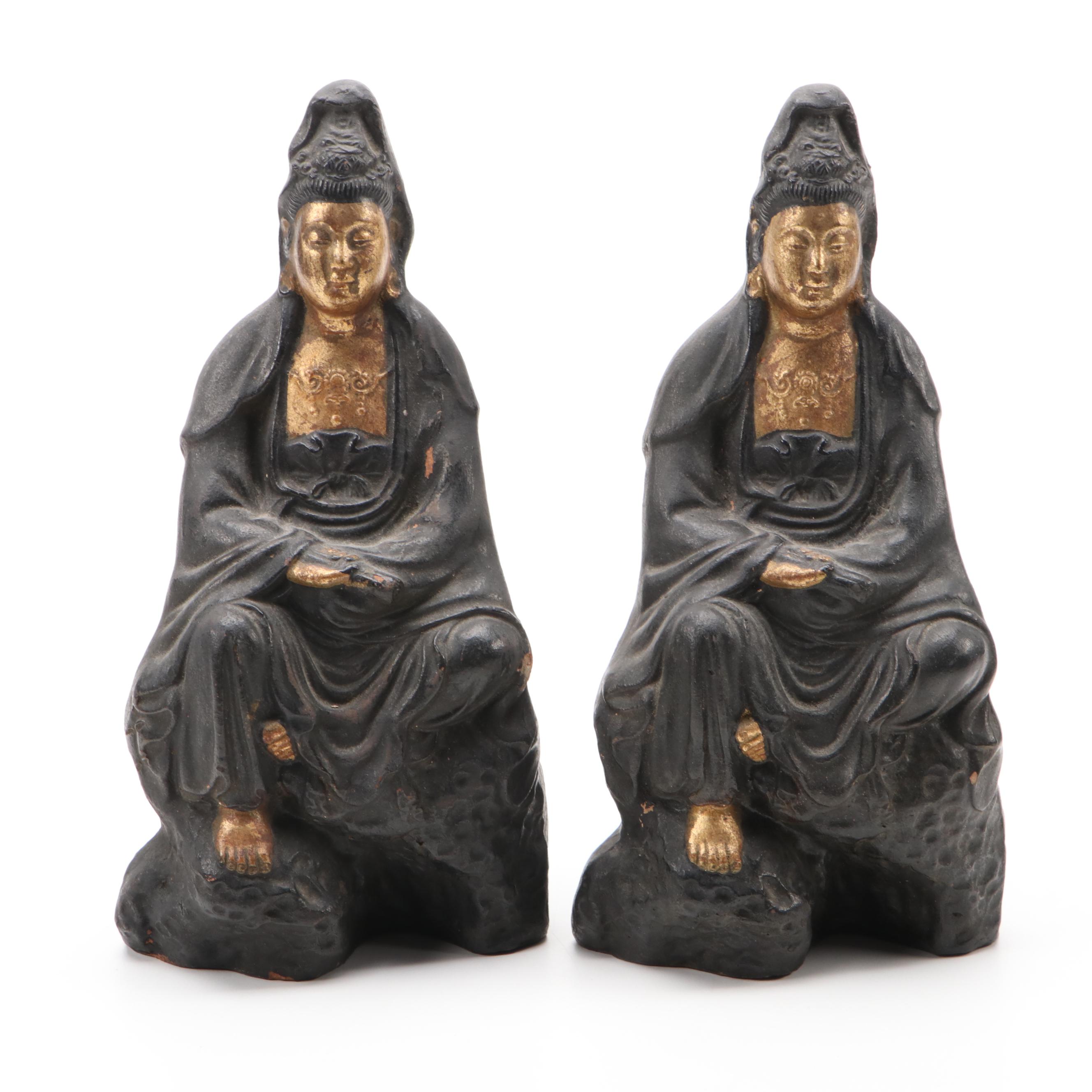 Japanese Parcel Gilt Painted Earthenware Sculptures of Kannon
