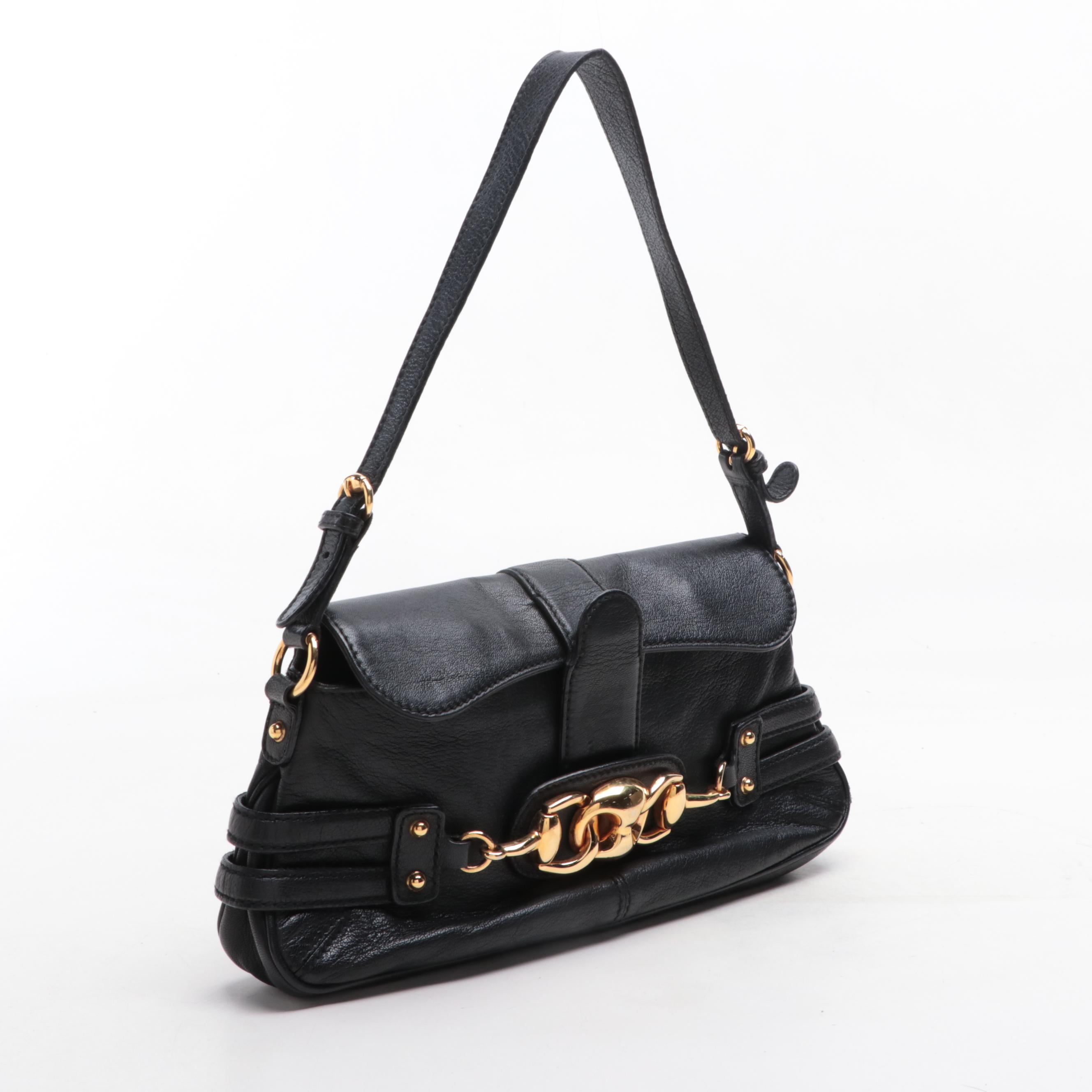 Gucci Horsebit Chain Flap Shoulder Bag in Black Leather