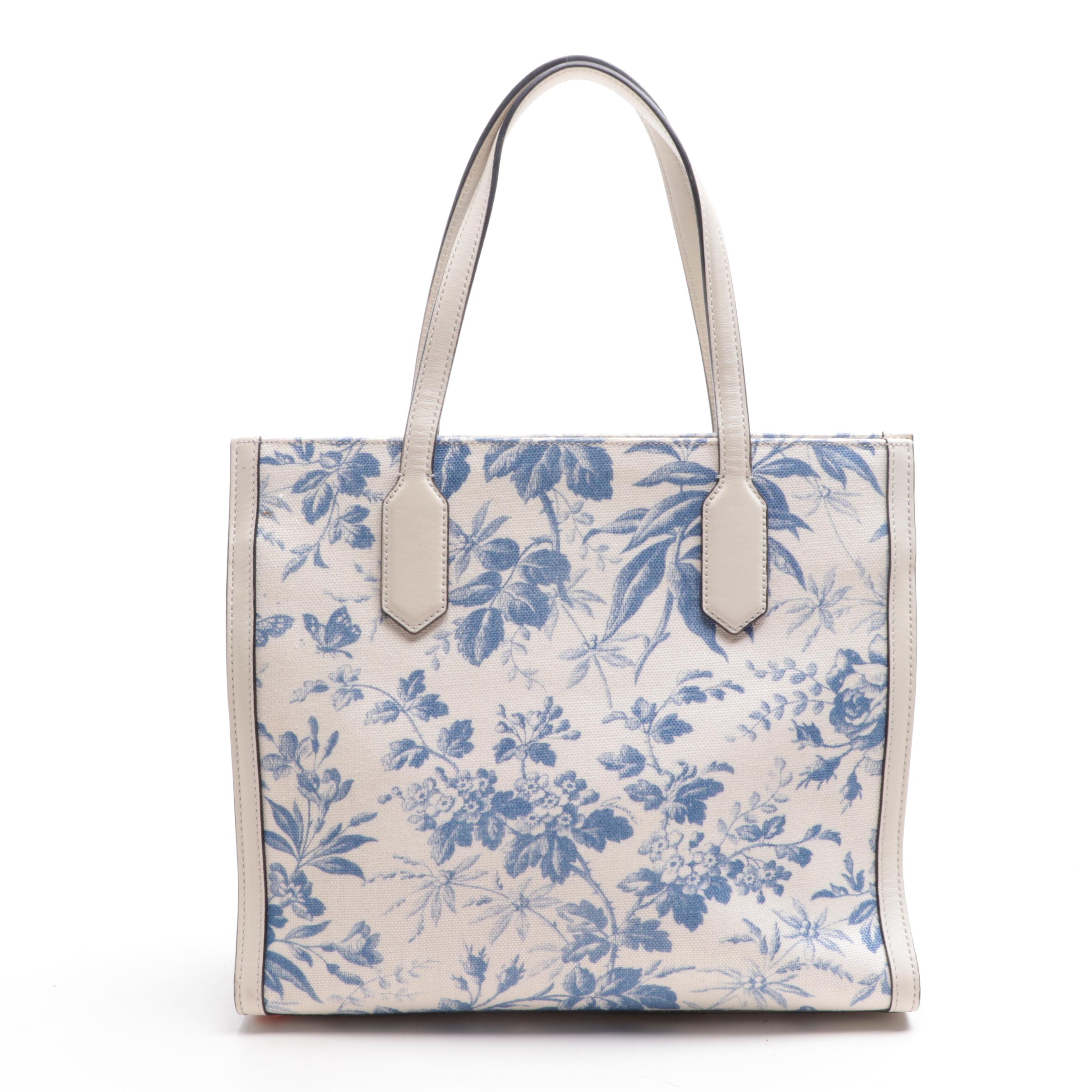 Gucci GG Ribbon Tote Bag in White Herbarium Canvas and Leather