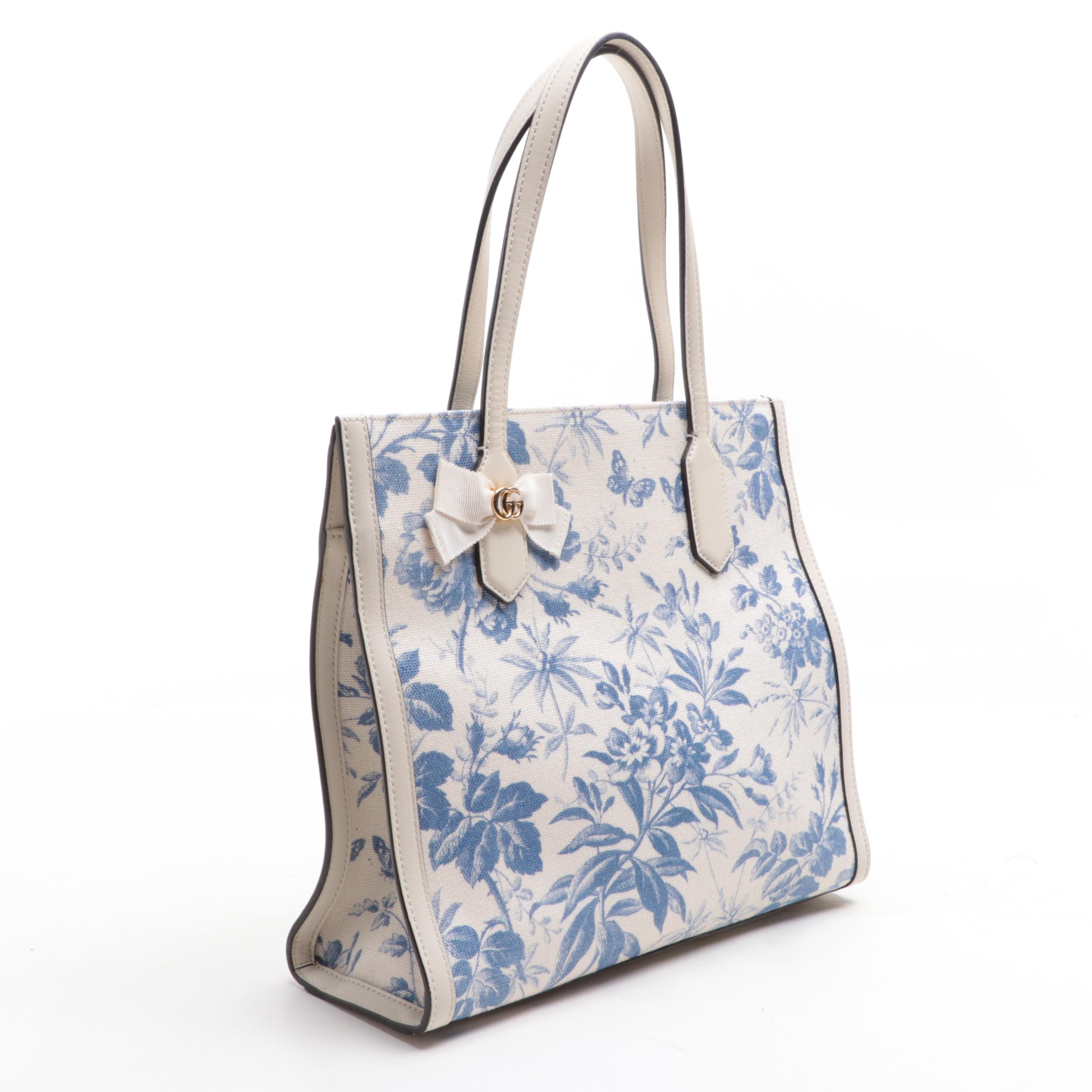 Gucci GG Ribbon Tote Bag in White Herbarium Canvas and Leather