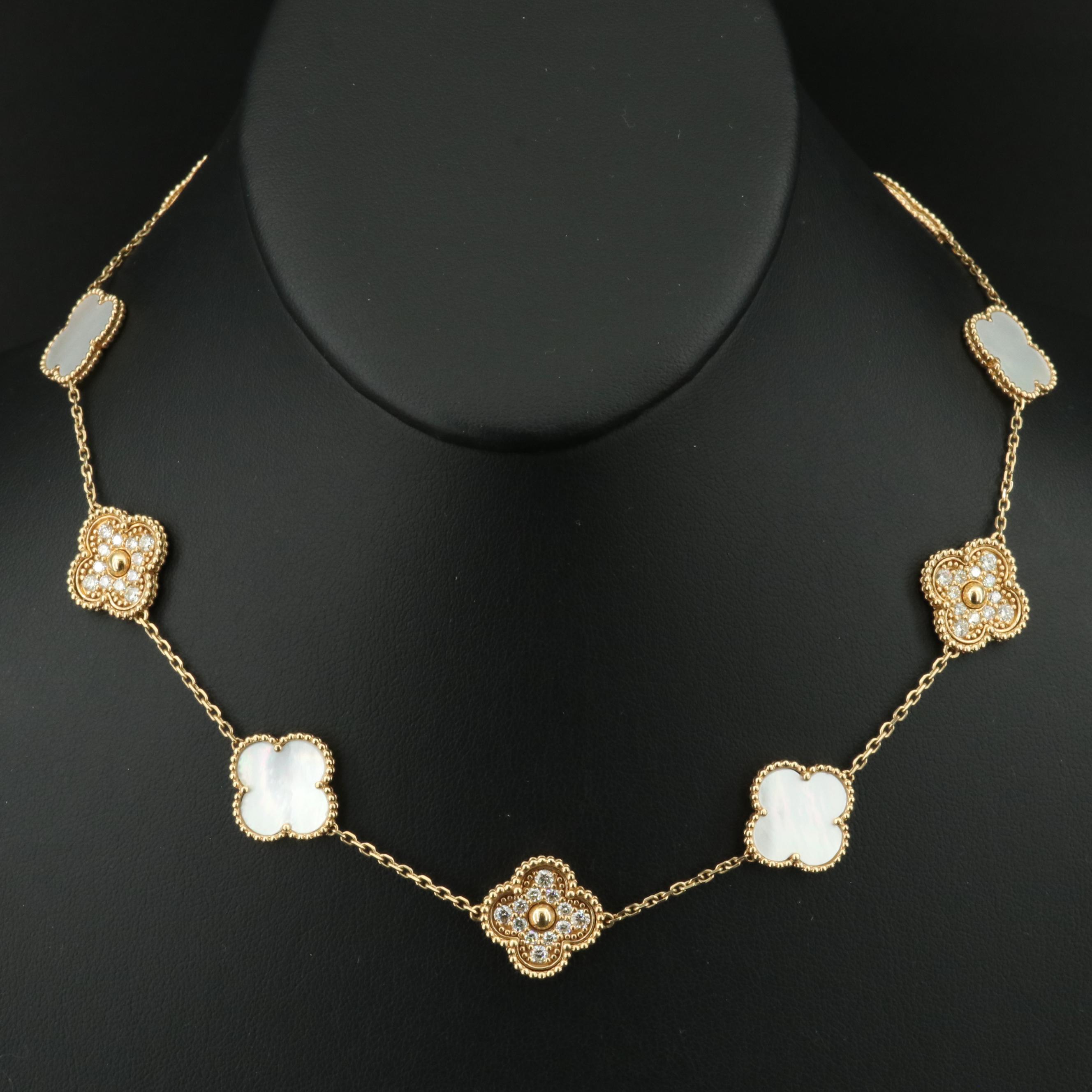 18K 2.60 CTW Diamond and Mother-of-Pearl Quatrefoil Station Necklace