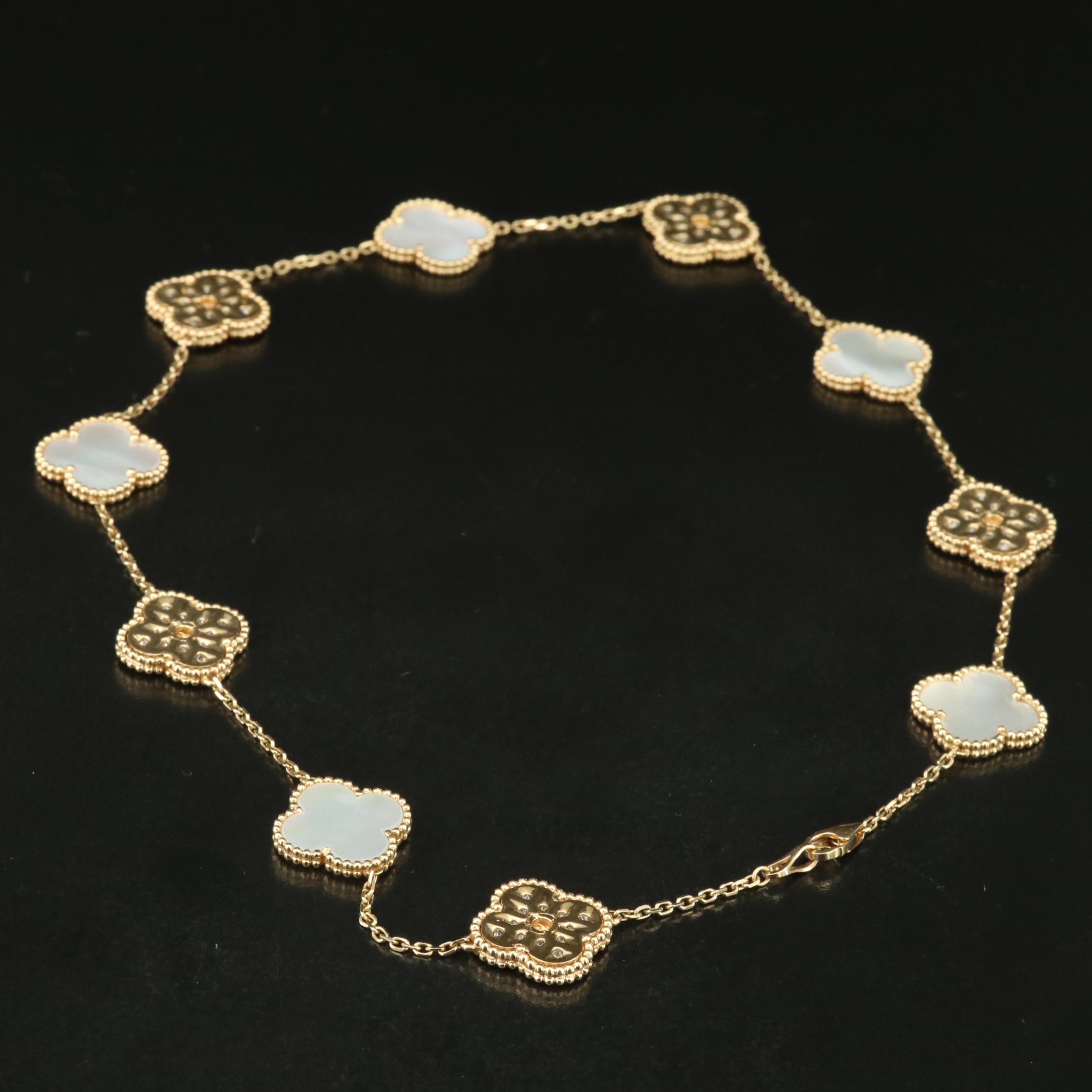 18K 2.60 CTW Diamond and Mother-of-Pearl Quatrefoil Station Necklace