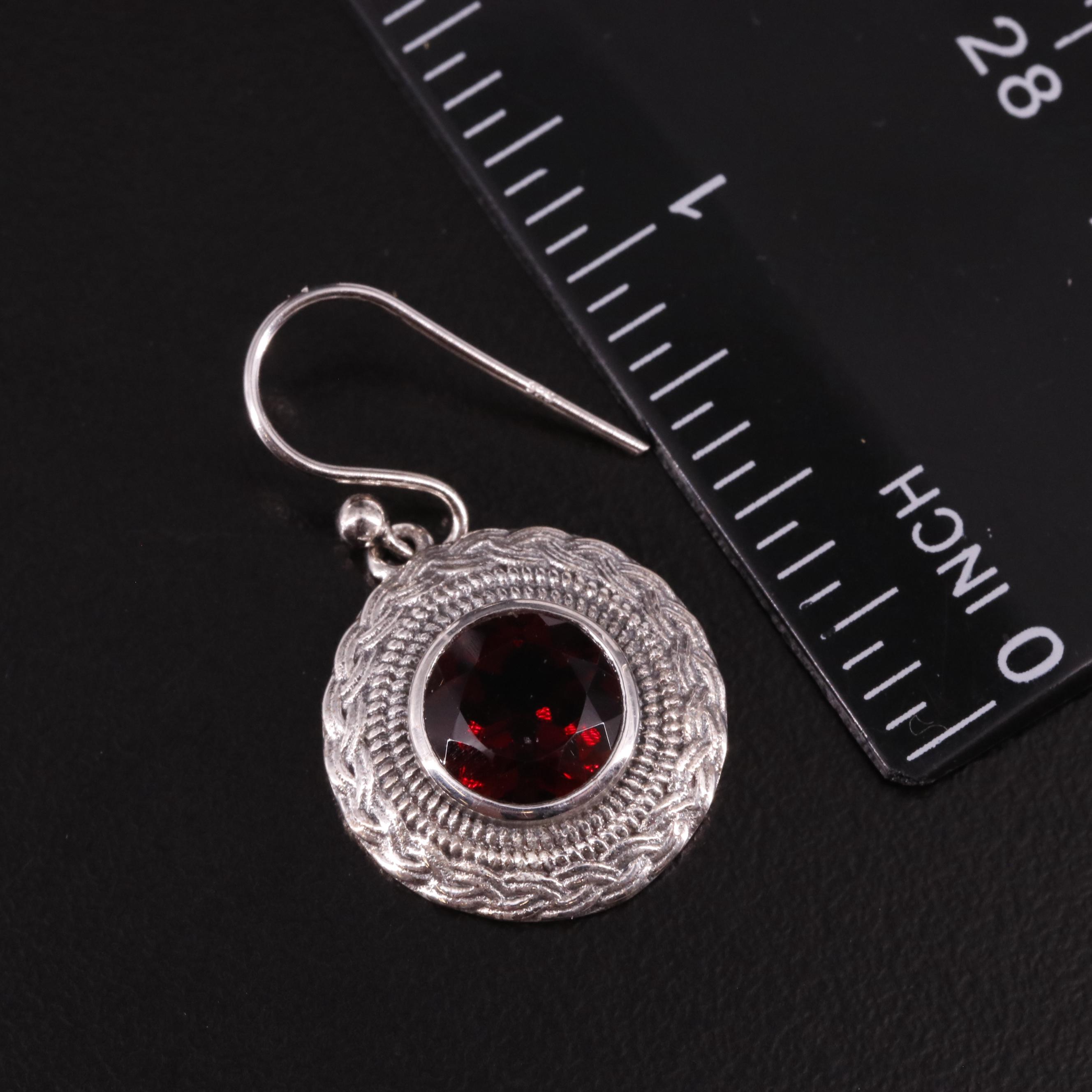Sterling Round Garnet Drop Earrings