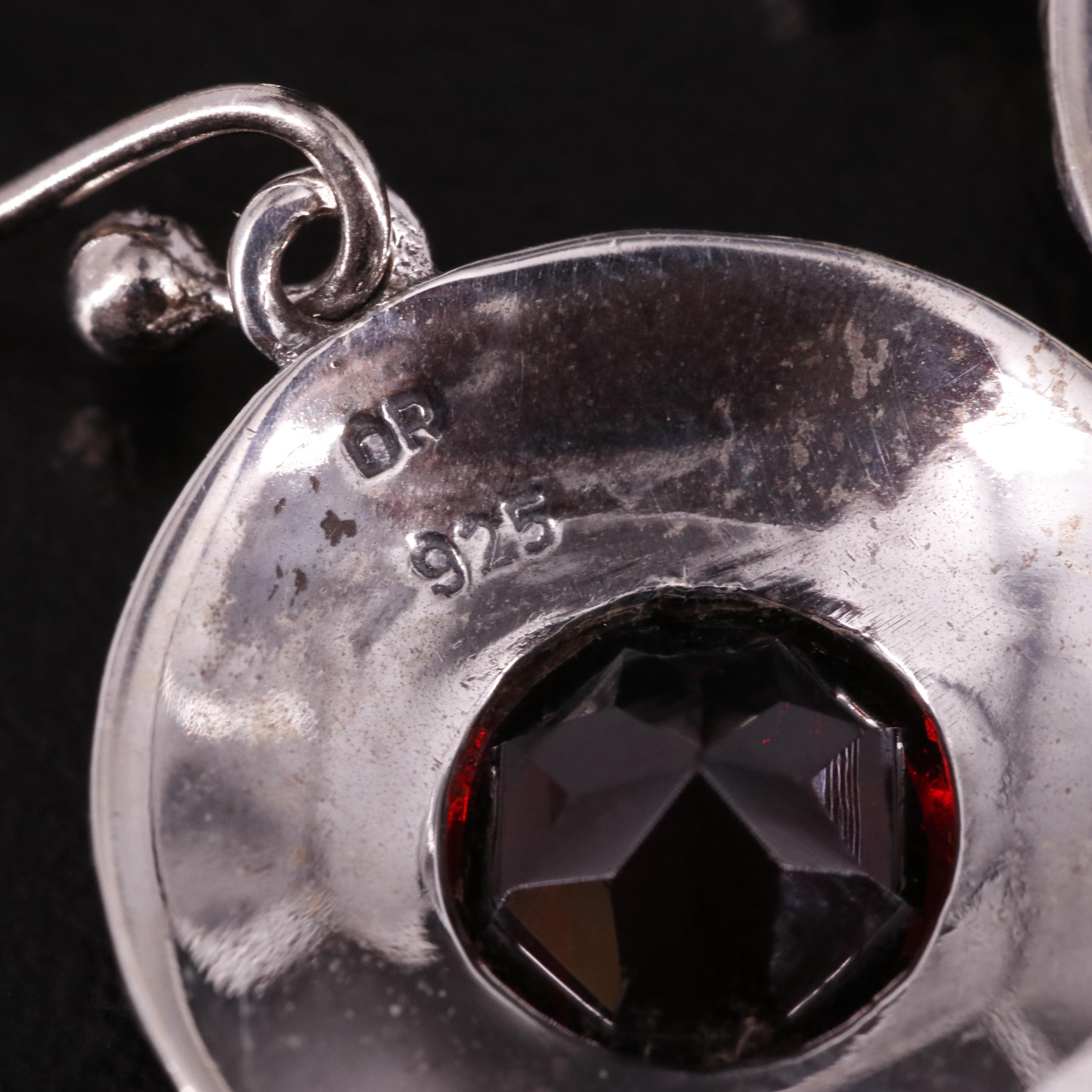 Sterling Round Garnet Drop Earrings