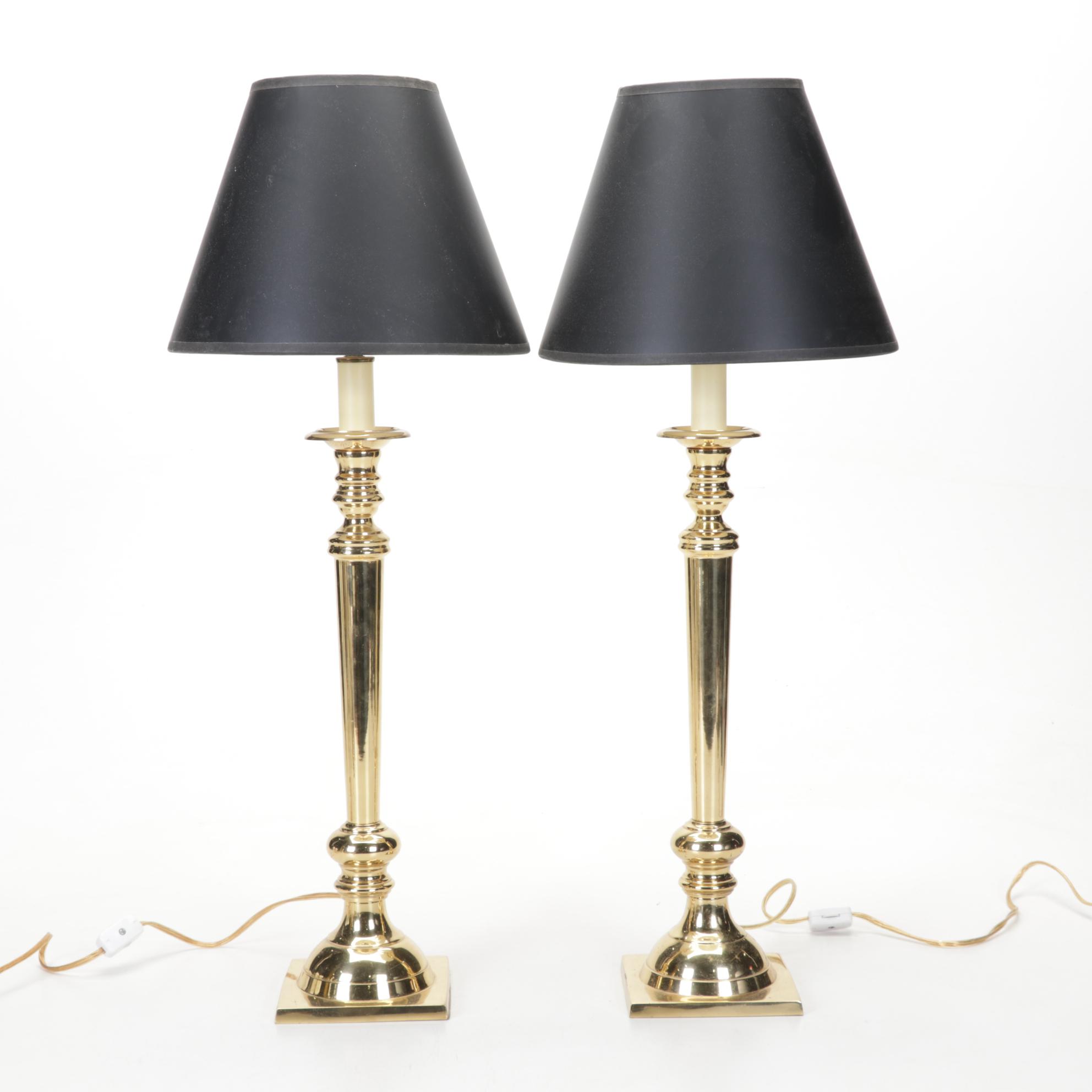 Matched Pair and Other Brass and Enamel Candlestick Style Lamps