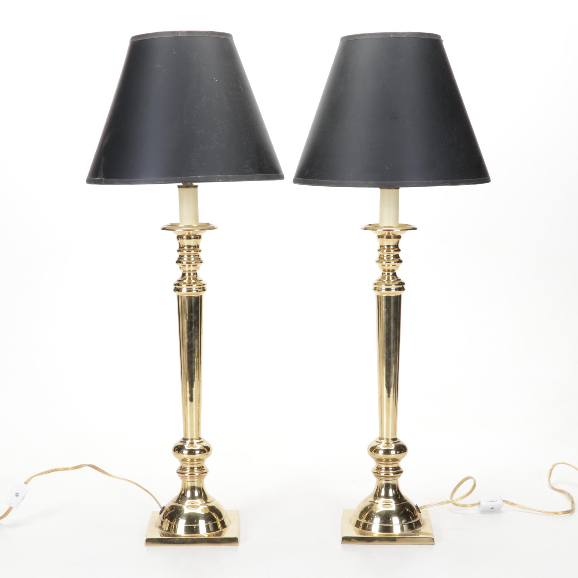 Matched Pair and Other Brass and Enamel Candlestick Style Lamps