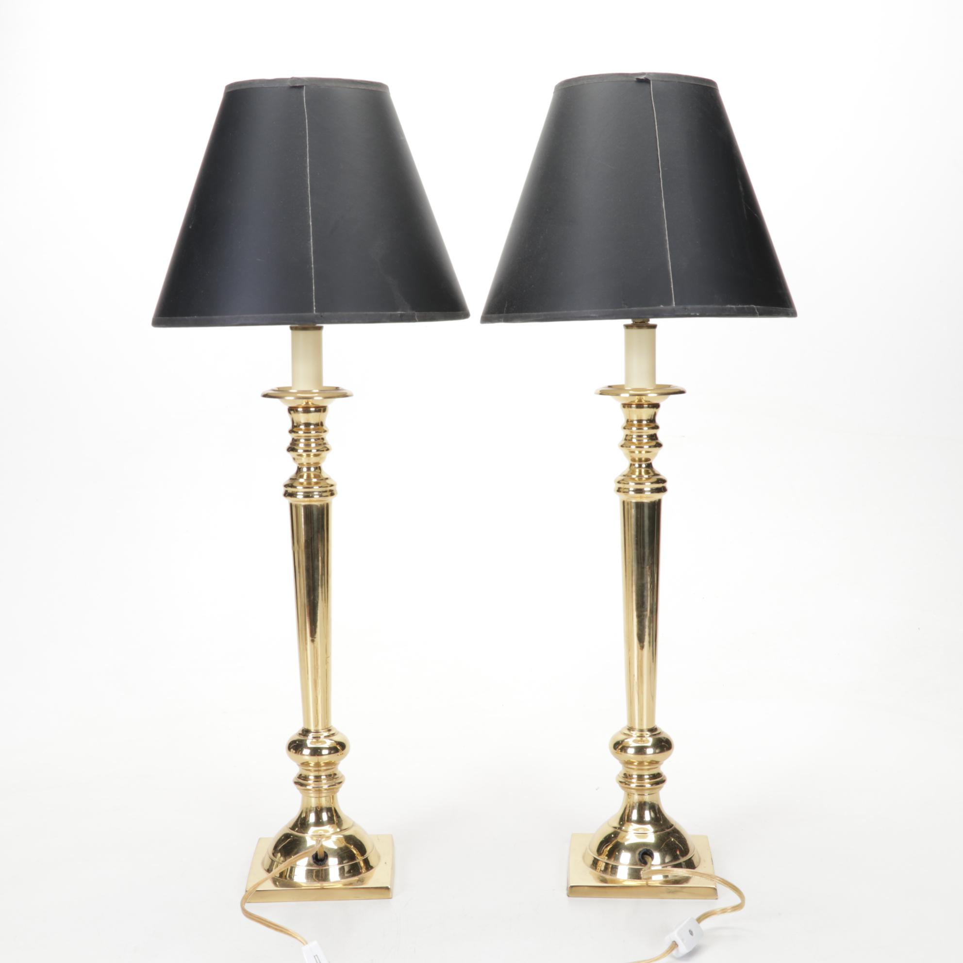Matched Pair and Other Brass and Enamel Candlestick Style Lamps
