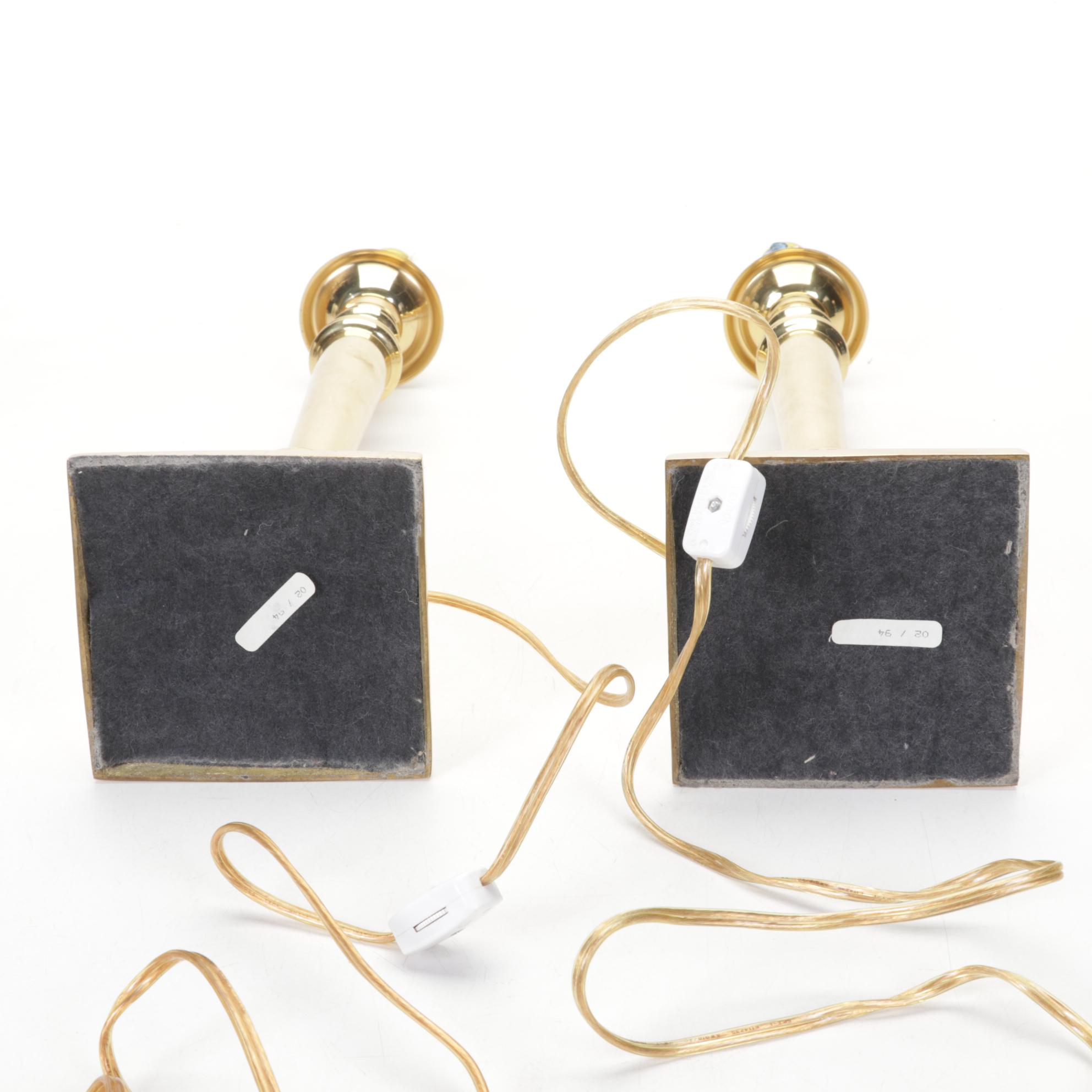 Matched Pair and Other Brass and Enamel Candlestick Style Lamps