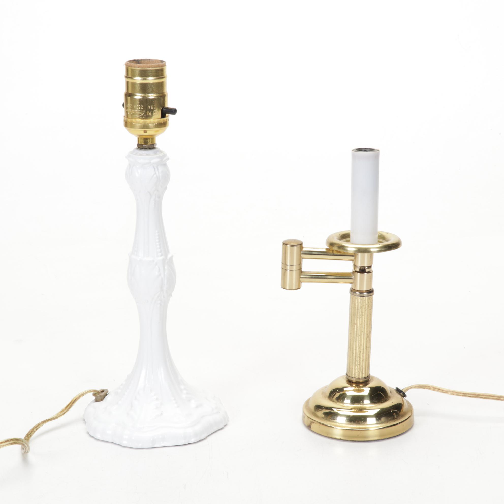 Matched Pair and Other Brass and Enamel Candlestick Style Lamps