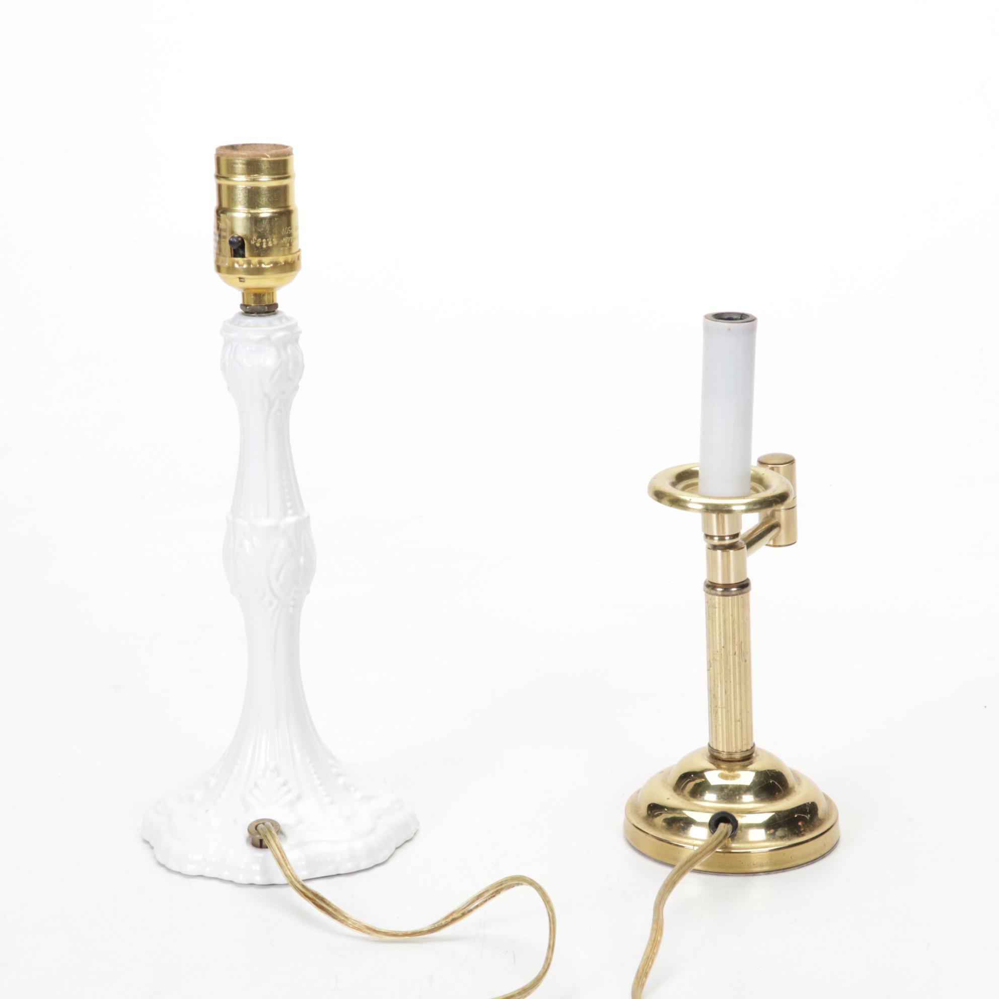 Matched Pair and Other Brass and Enamel Candlestick Style Lamps