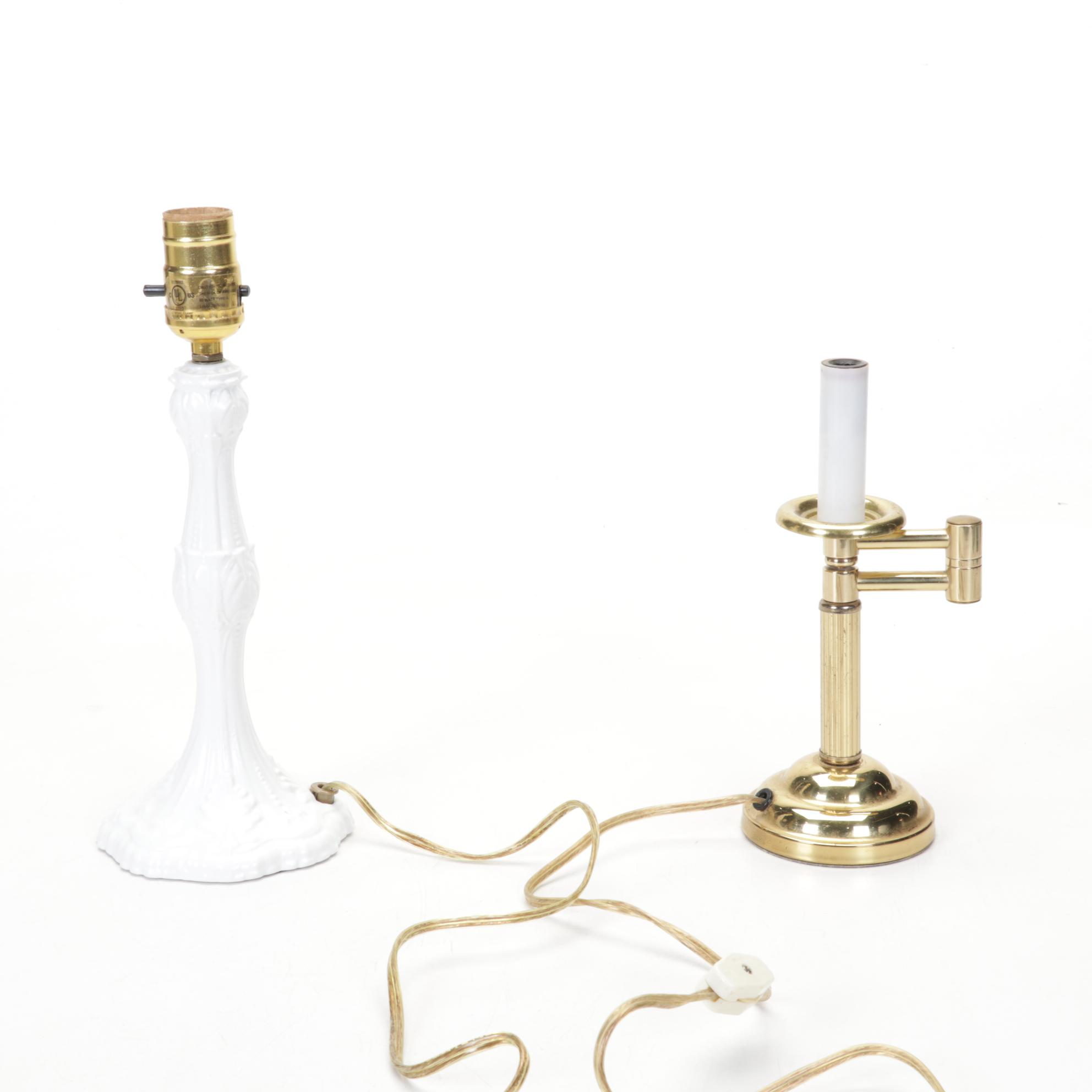 Matched Pair and Other Brass and Enamel Candlestick Style Lamps