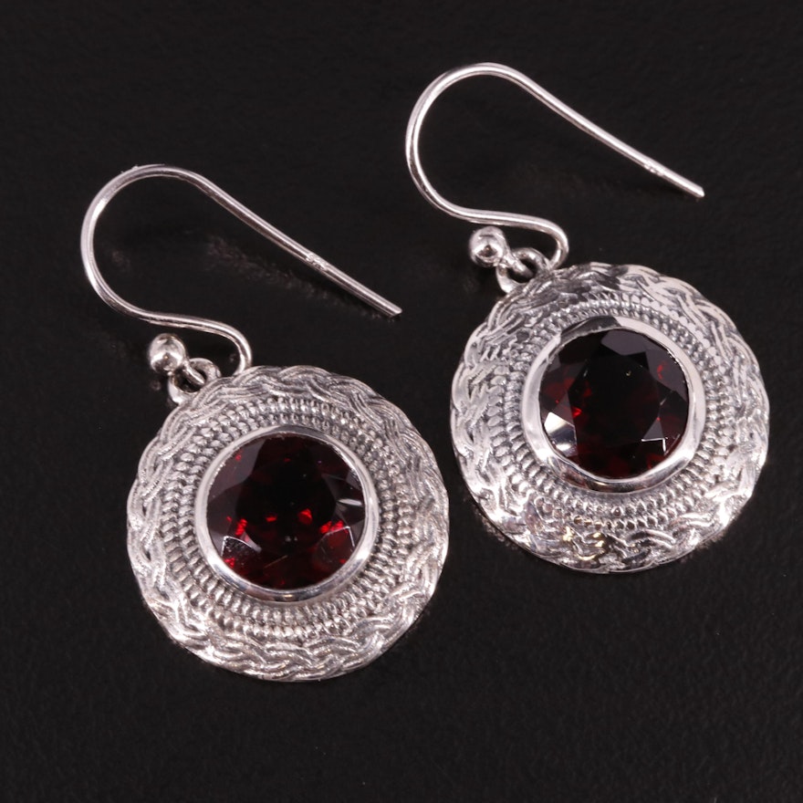 Sterling Round Garnet Drop Earrings