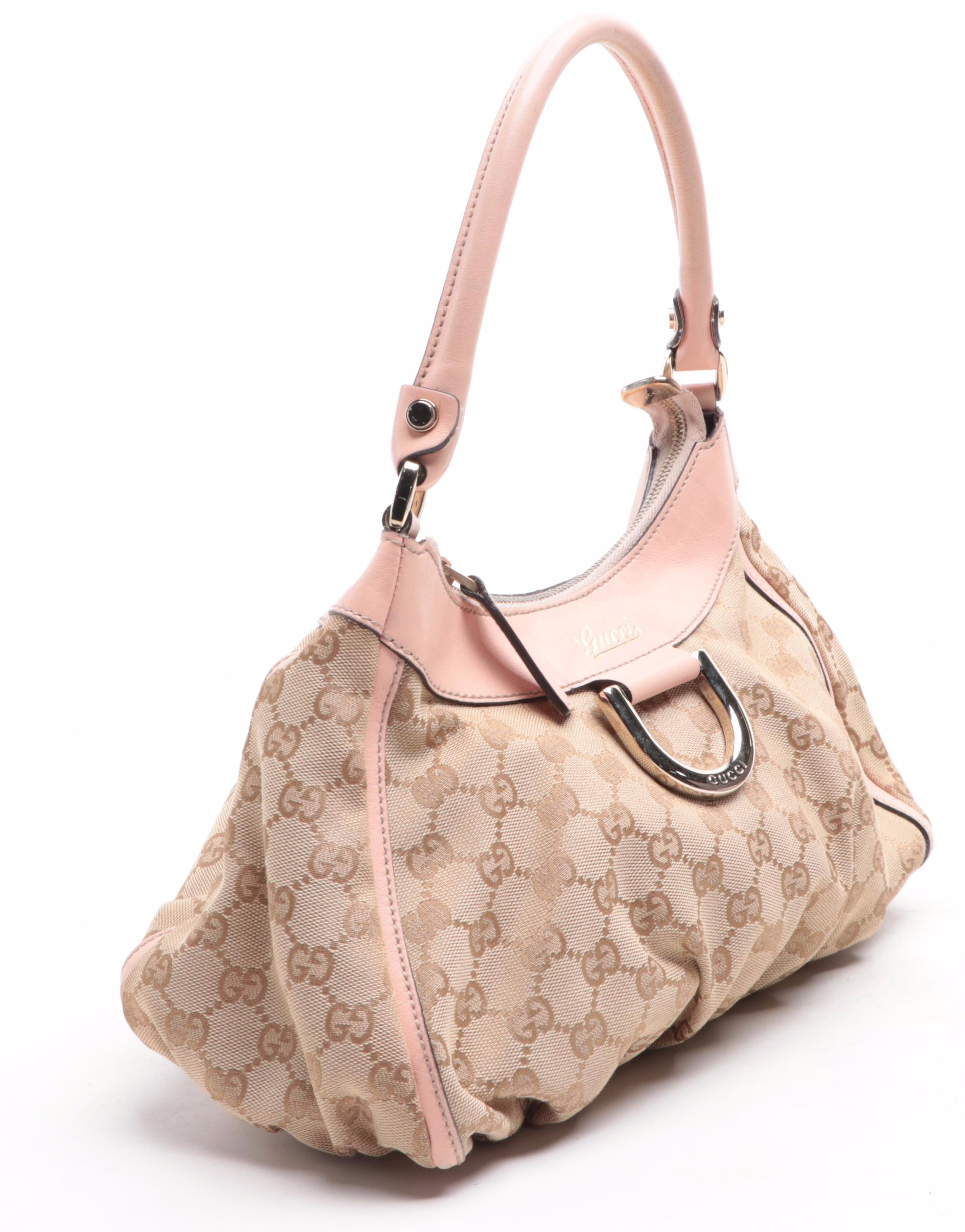 Gucci Abbey D-Ring Small Hobo Bag in GG Canvas and Pink Leather Trim