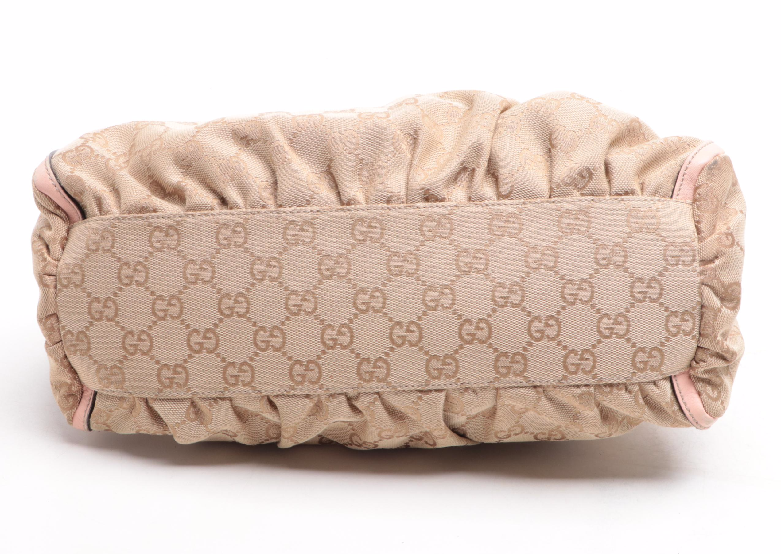 Gucci Abbey D-Ring Small Hobo Bag in GG Canvas and Pink Leather Trim