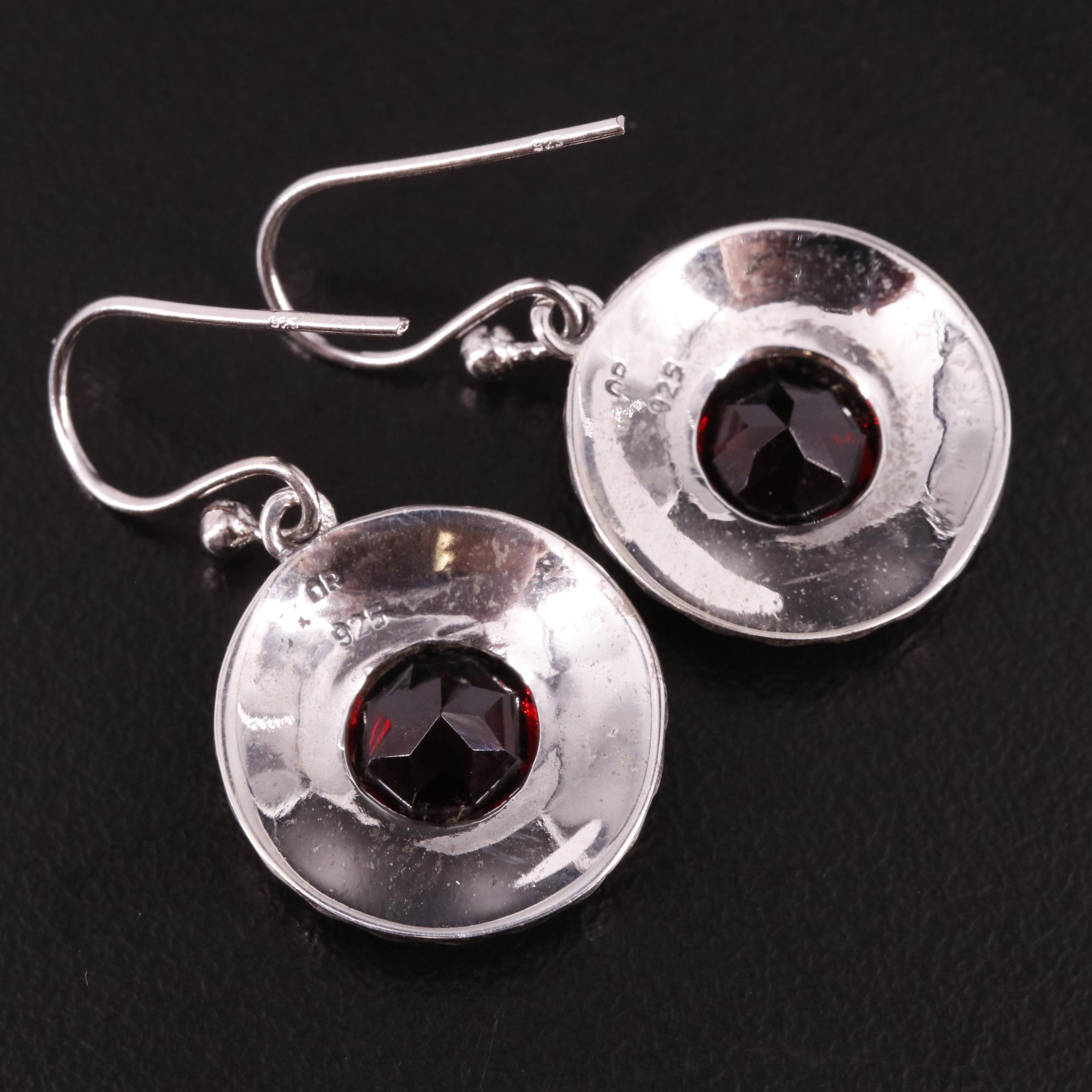 Sterling Round Garnet Drop Earrings
