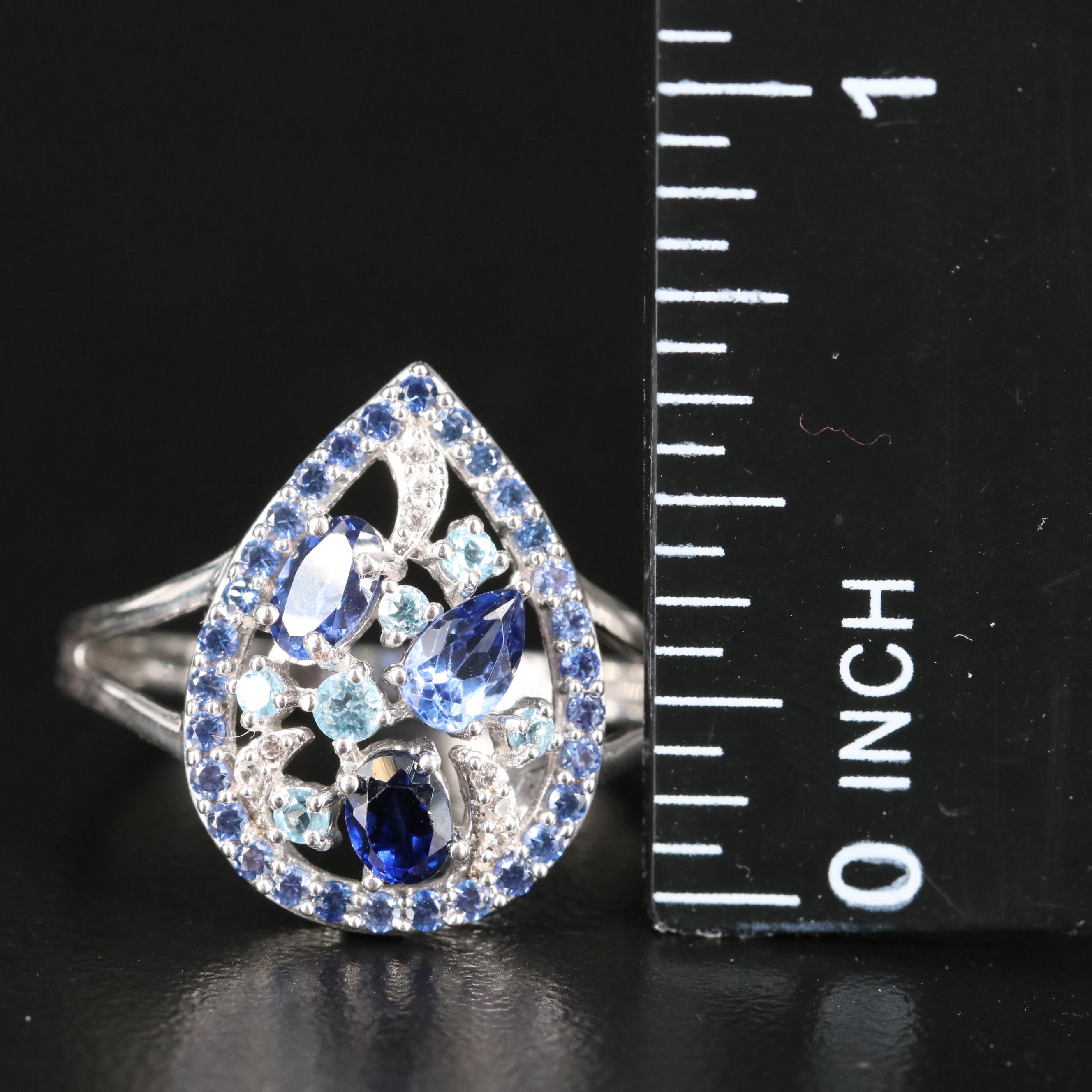 Sterling Sapphire, Sky Blue Topaz and White Sapphire Teardrop Ring