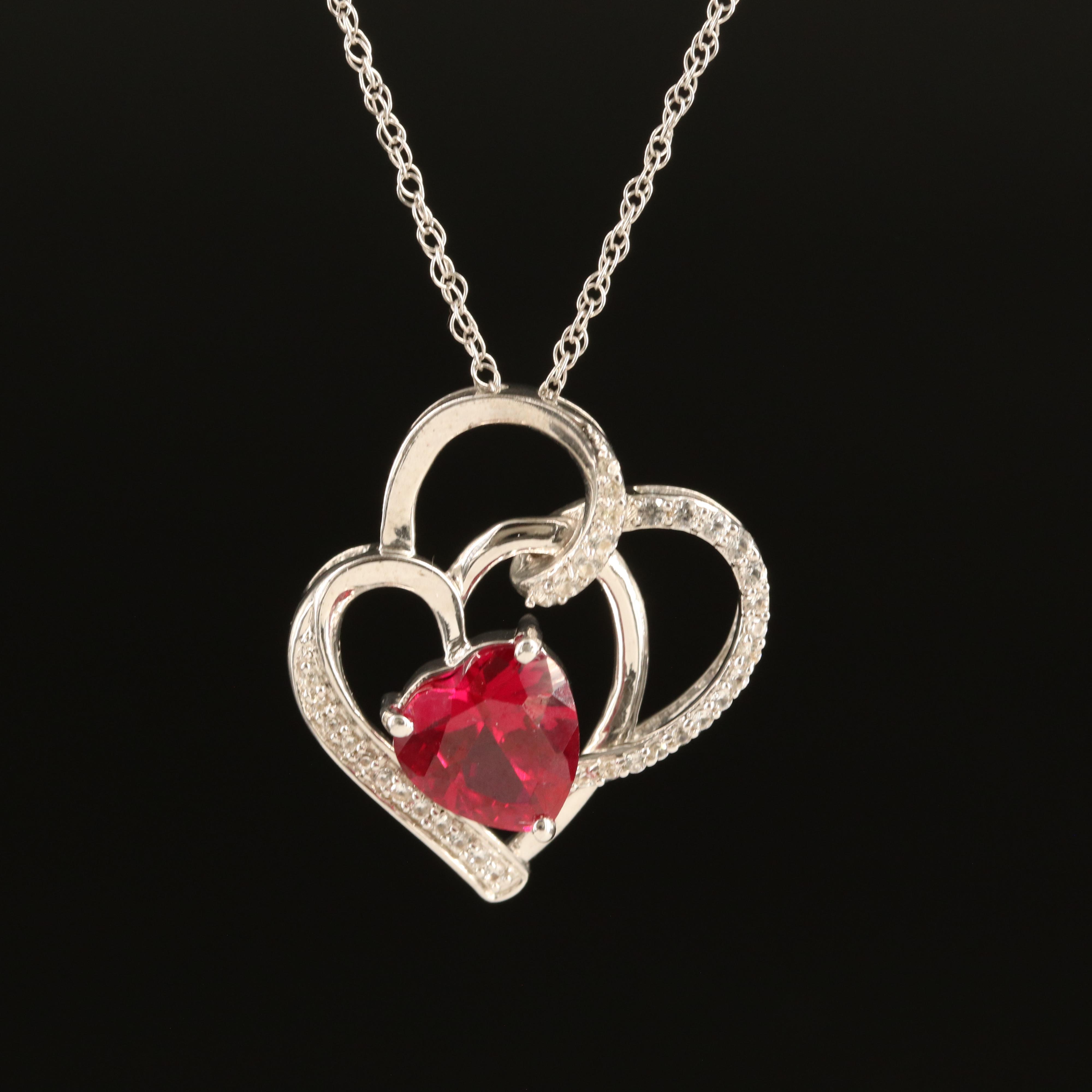 Sterling Ruby and White Sapphire Heart Pendant Necklace