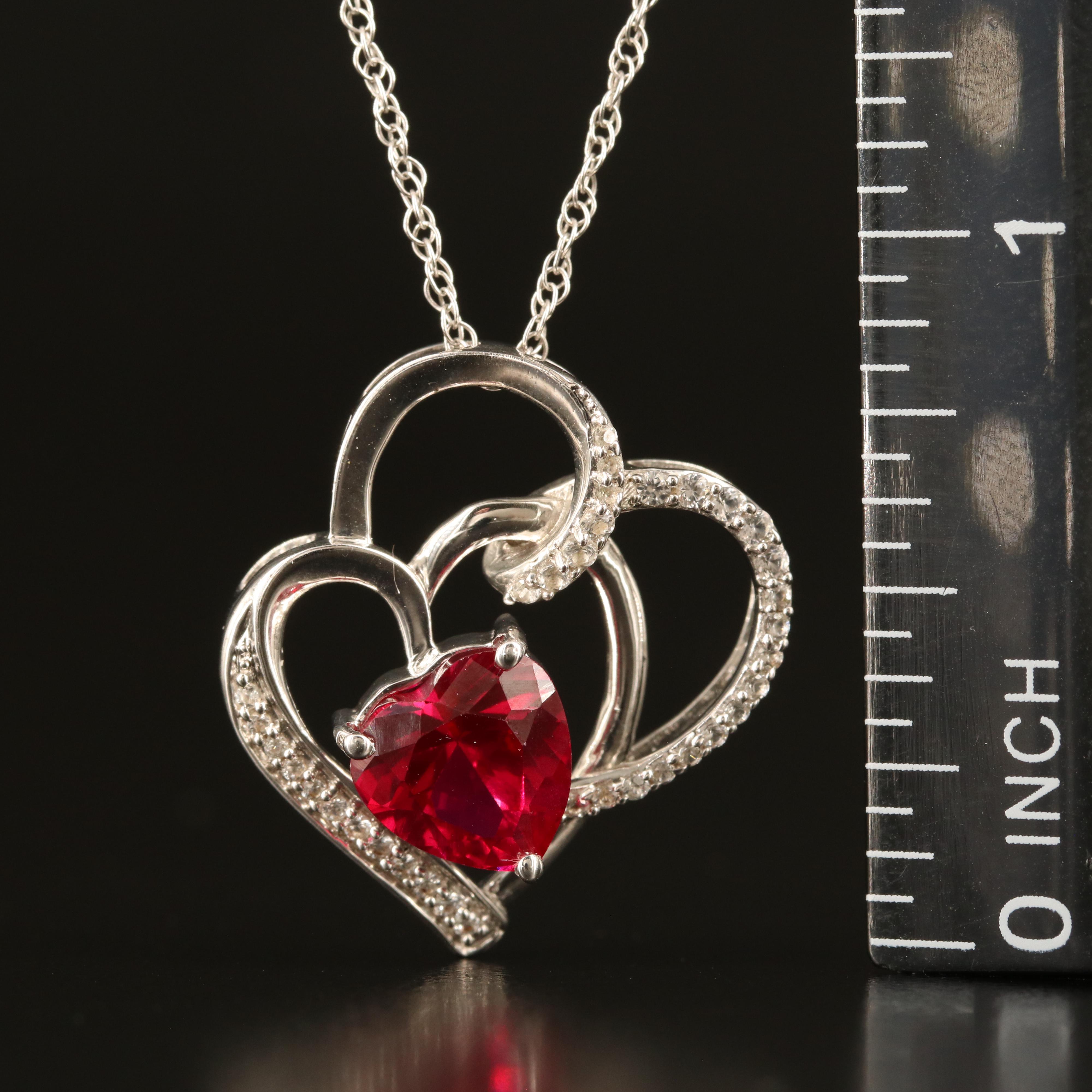 Sterling Ruby and White Sapphire Heart Pendant Necklace